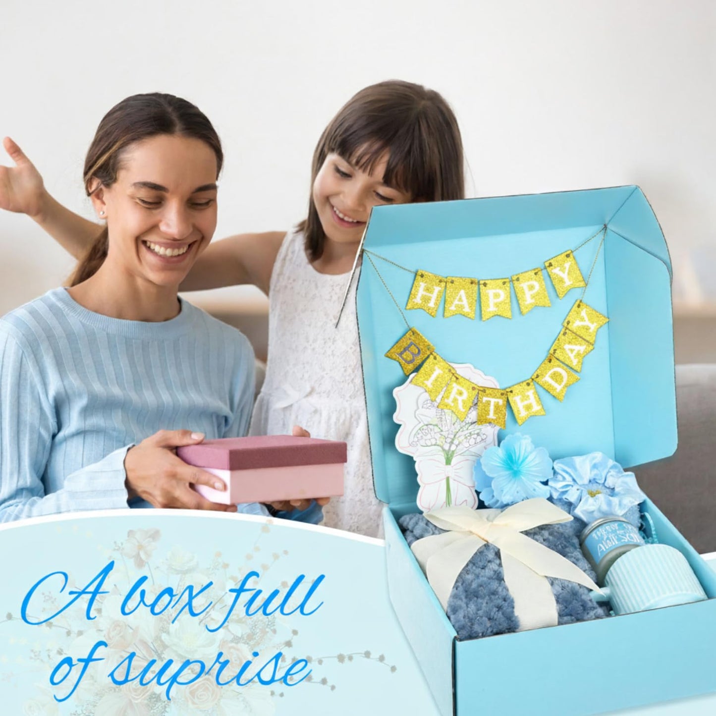 Zopeal Mothers Day Birthday Gifts Baskets for Women with Custom Banner, Care Gifts Get Well Soon Relaxing Spa Package Thank You Box for Her Mom Sister Friend Wife Teacher Coworker(Blue)