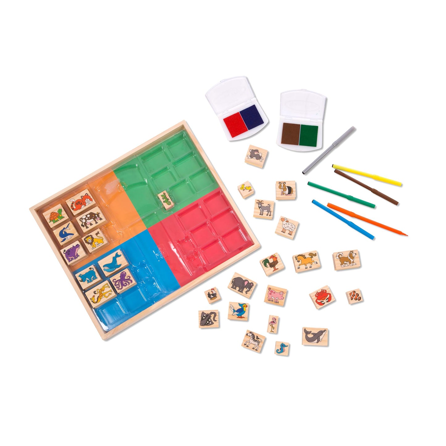 Melissa & Doug Deluxe Wooden Stamp Set: Animals - 30 Stamps, 6 Markers, 2 Stamp Pads Kids Art Projects, Wooden Stamps with Washable Ink, for Kids Ages 4+