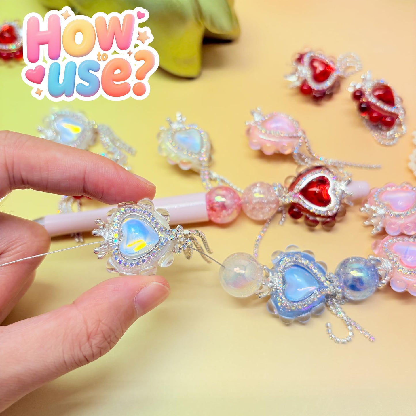 10pcs Rhinestone Focal Beads for Pens, Sparkling Heart-Shaped Designs with Tassels, Fancy Beads for DIY Jewelry Making Keychains Crafts Holiday Decorations (Heart-Shape-Focal Beads)
