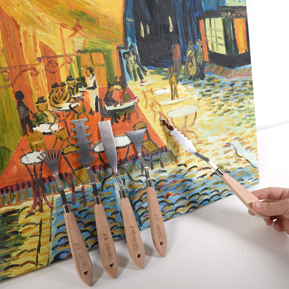 CONDA Palette Knife Set 1 set 10Pcs Palette Knife Painting Wood Handle with Different Shapes and 1 set 5 pcs regular shapes pack