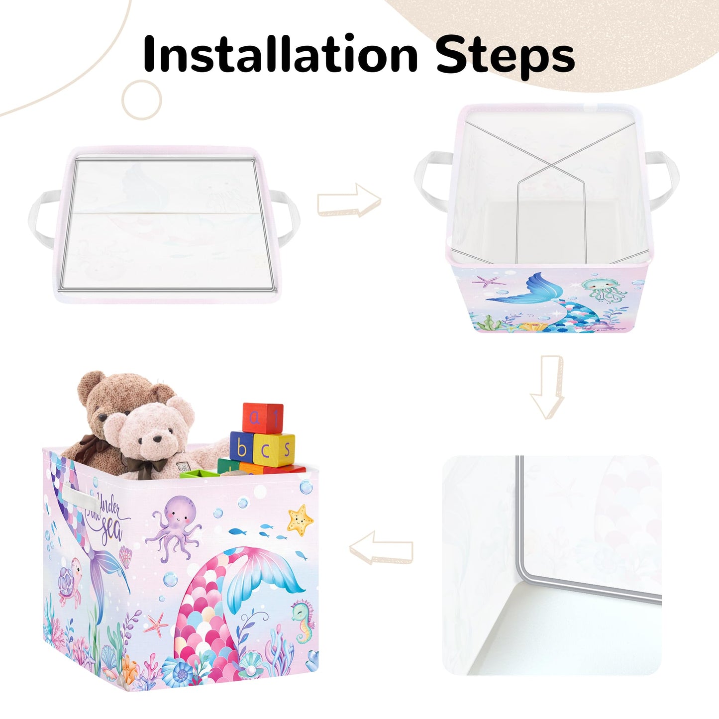 Clastyle Mermaid Tail Kid Storage Cube Organizer Set with Metal Frame Ocean Animal Turtle Closet Clothes Toy Storage Bin Nursery Toddler Girl Book Shelf Basket, Colorful Seaweed, 11.8x11.8x11.8 in