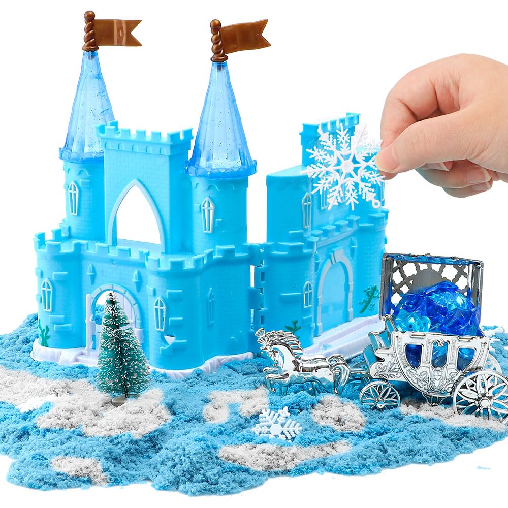 G.C Sensory Bin for Girl Kid Toy, Play Sand Art Kit with Sandbox/2lb Sand/Castle/Molds/Princess Figure, Winter Sensory Toy Christmas Birthday Gift for Girl Toddler Ages 3 4 5 6 7 8