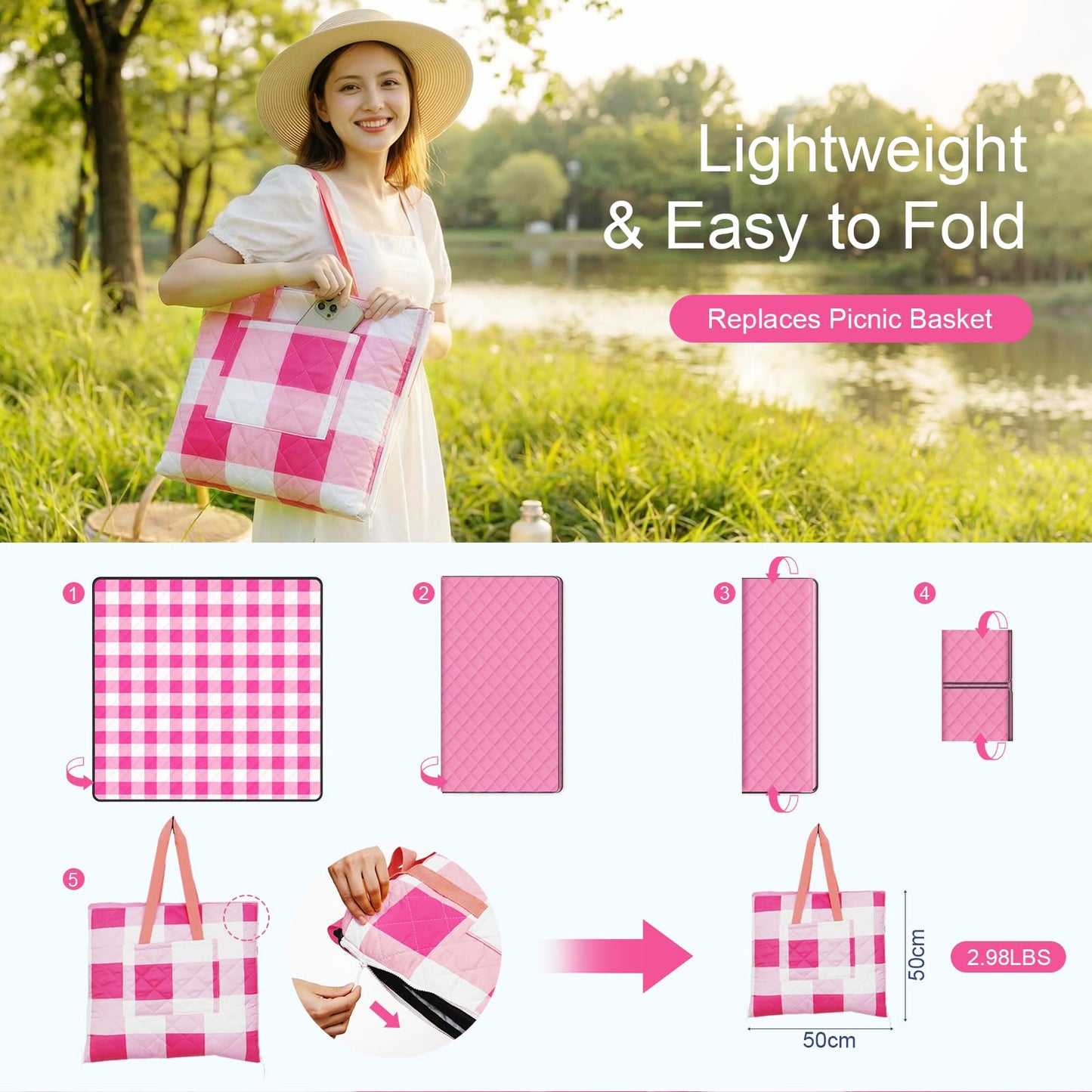 JACTUM 2 in 1 Tote Picnic Blanket Waterproof Outdoor Camping Mat,Large Capacity Beach Blanket 80''x80'' 7 Layers Easy to Foldable and Carry.