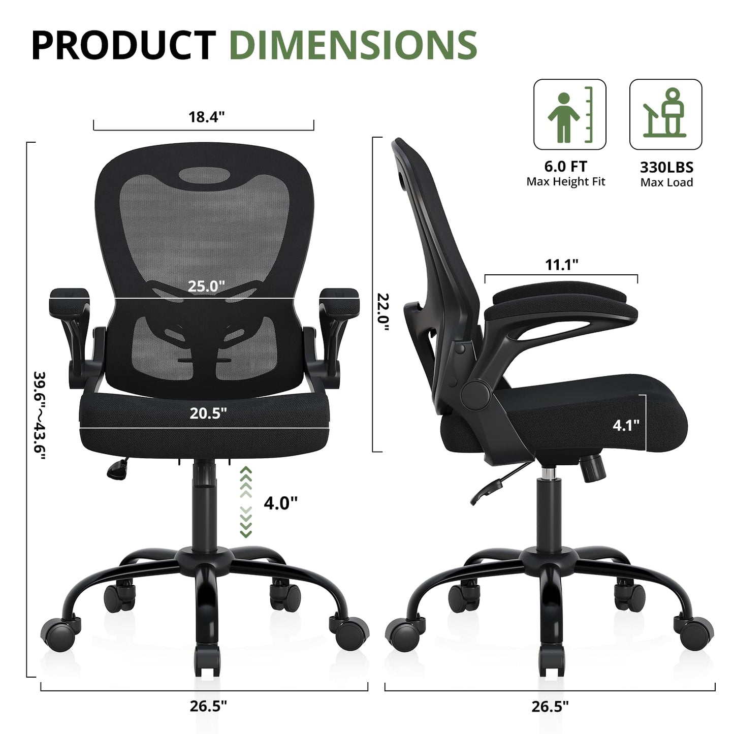 Office Chair 330 lbs Capacity, Ergonomic Breathable Mesh Desk Chair with Lumbar Support & Flip-Up Armrest, High Back Computer Chair for Home Office, Black
