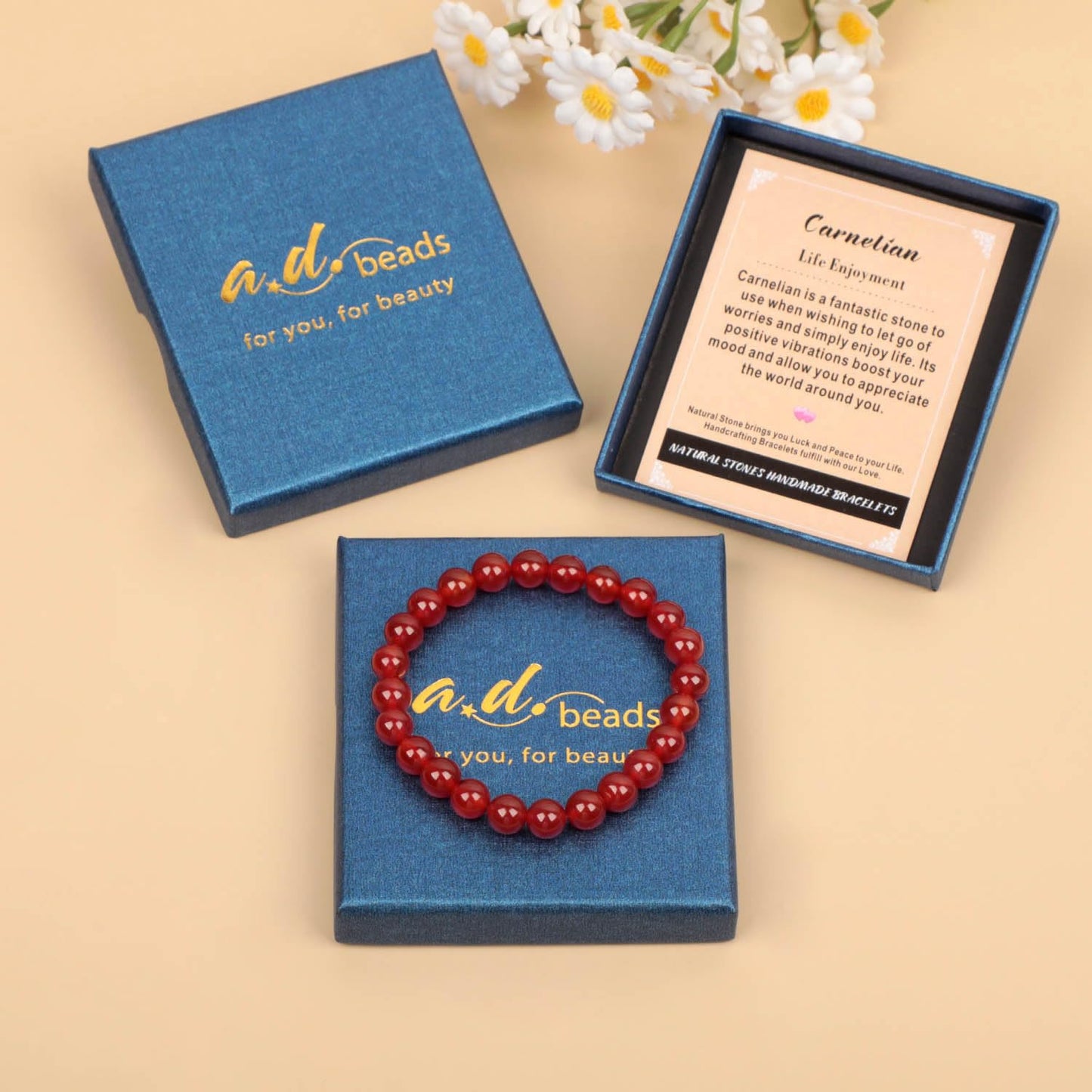 AD Beads Handmade Gemstone Stretch Elastic Bracelet Crystal Healing Reiki Nature's Beauty and Spiritual Essence Unisex (10mm, Carnelian (Life Enjoyment))