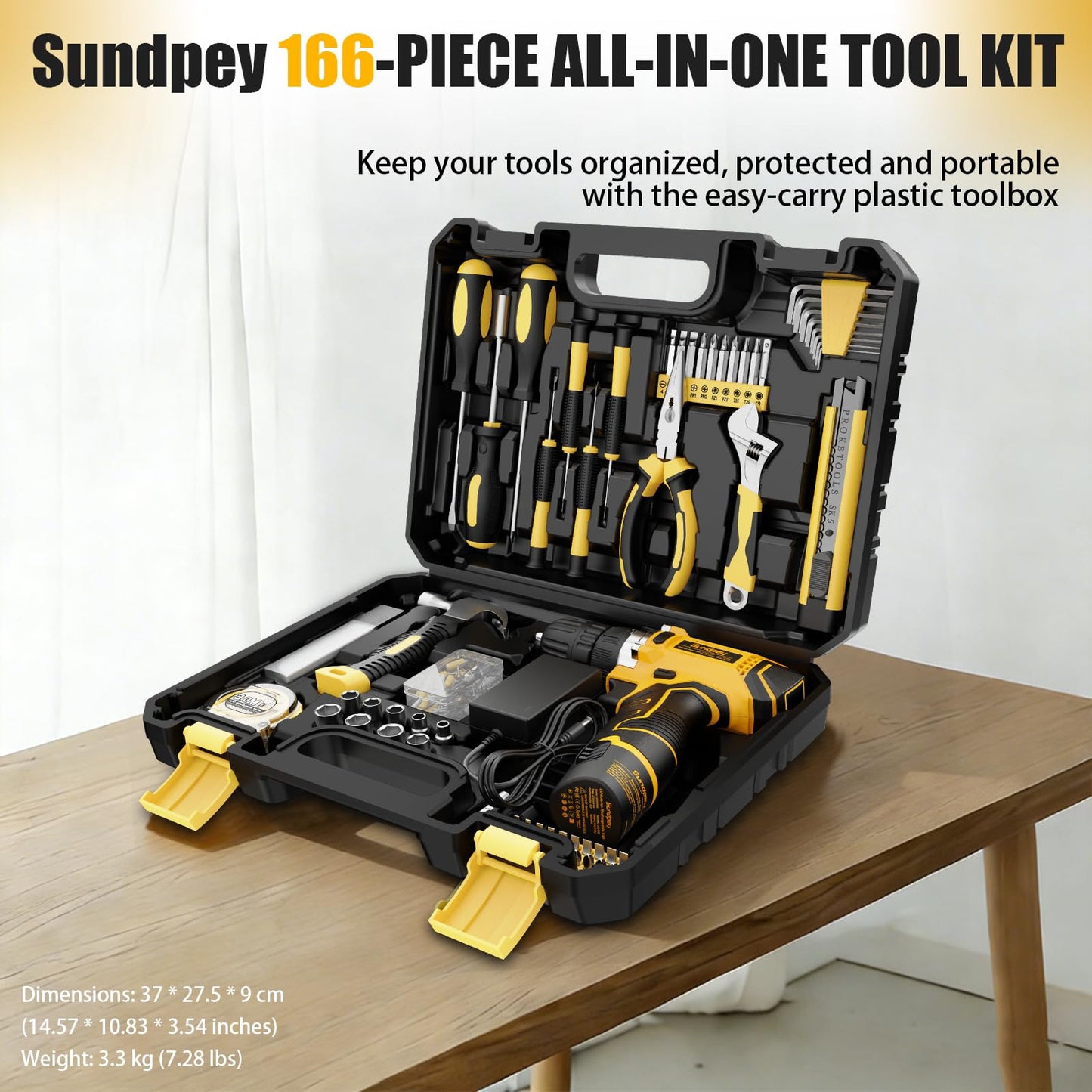 Sundpey Home Tool Kit with Drill - 166-Piece General Basic Home Repair Tool Set with 12V Cordless Power Drill & Battery & Charger & Portable Tool Box for Garden Office House Apartment Repair Men Women
