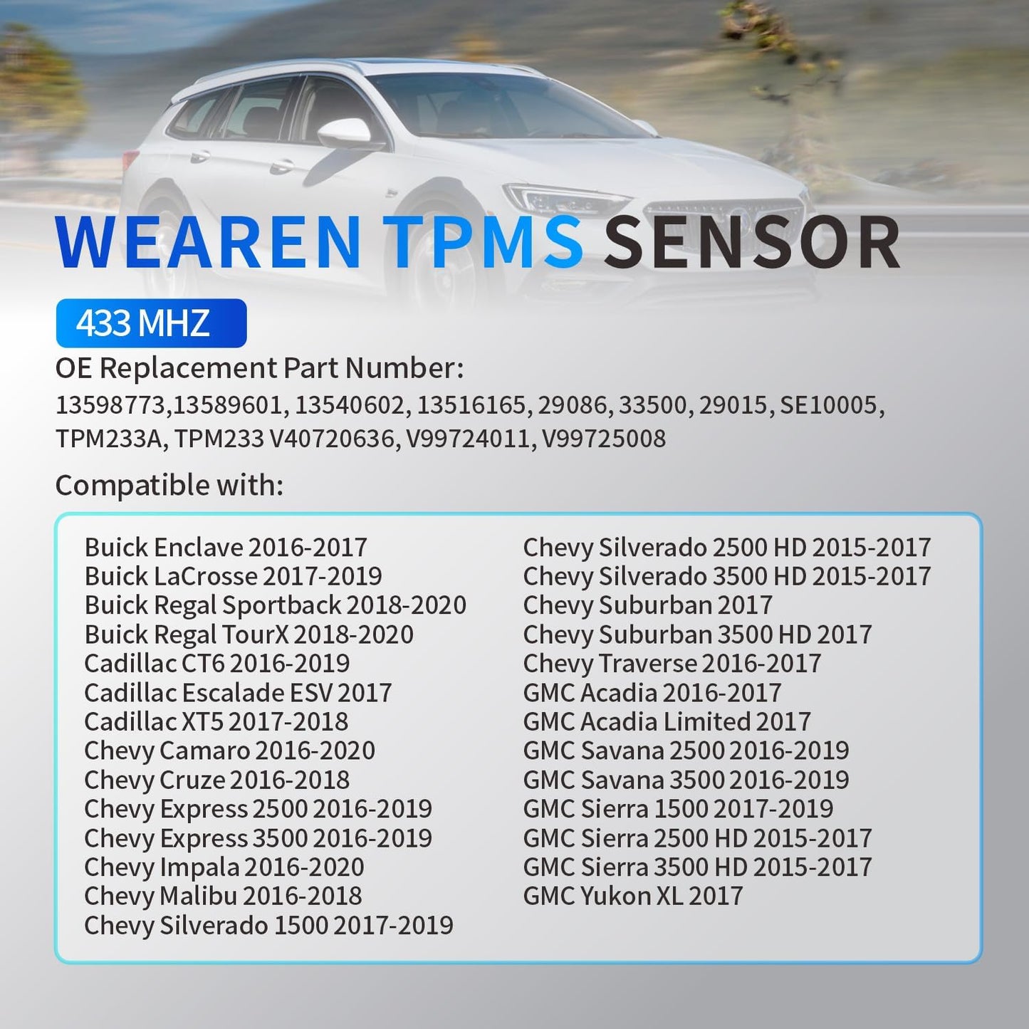 13598773 TPMS Sensor Tire Pressure Sensor Set of 4 433 MHZ Compatible with Chevy Silverado 1500 Camaro Impala Traverse Malibu Express Suburban Silverado Cruze Buick Enclave Lacrosse GMC Sierra