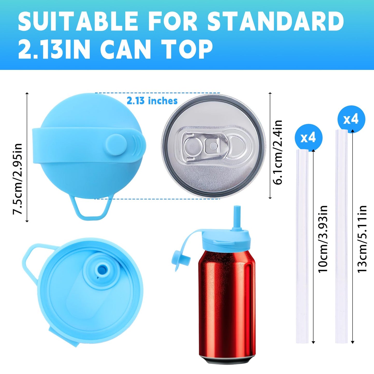 4 Pack Reusable Silicone Can Lids with 8 Straws, Airtight Seal Telescopic Soda Can Covers, BPA-Free, Spill-Proof Caps Topper for 2.13in Canned Bottles Beer Juice (Green, Purple, Gray, Blue)