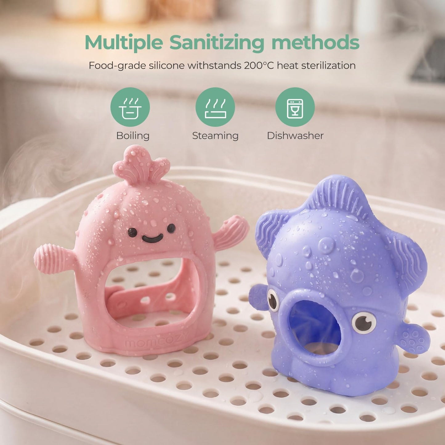 Momcozy Baby Teething Toys, Food Grade Silicone Baby Teether,Teething Mitten for Babies 0–6 Months,Teethers for Babies 6–12 Months,Anti Drop Wrist Teether with Multiple Chew Points, Pink