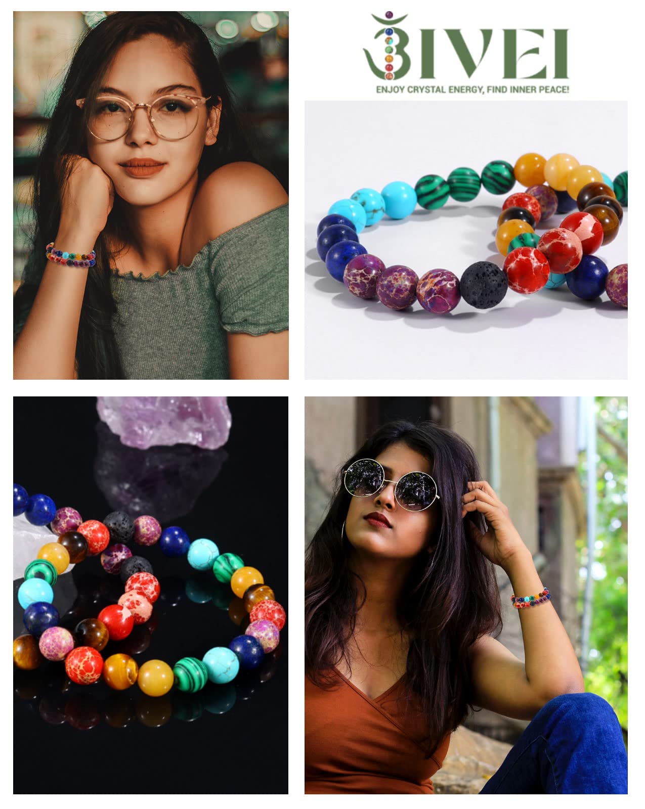 Bivei Natural Gemstone Semi Precious Healing Crystals Handmade Stretchy Round Beads Bracelet, Enhance Positive Energy(Chakra Bracelet (Inner Balance) Small)