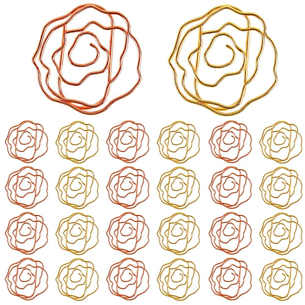tiecawk 50PCS Rose Shape Paper Clips Office Metal Accessories Rose Gold Flower Paper Clips in Clear Box for Office Home School Supplies