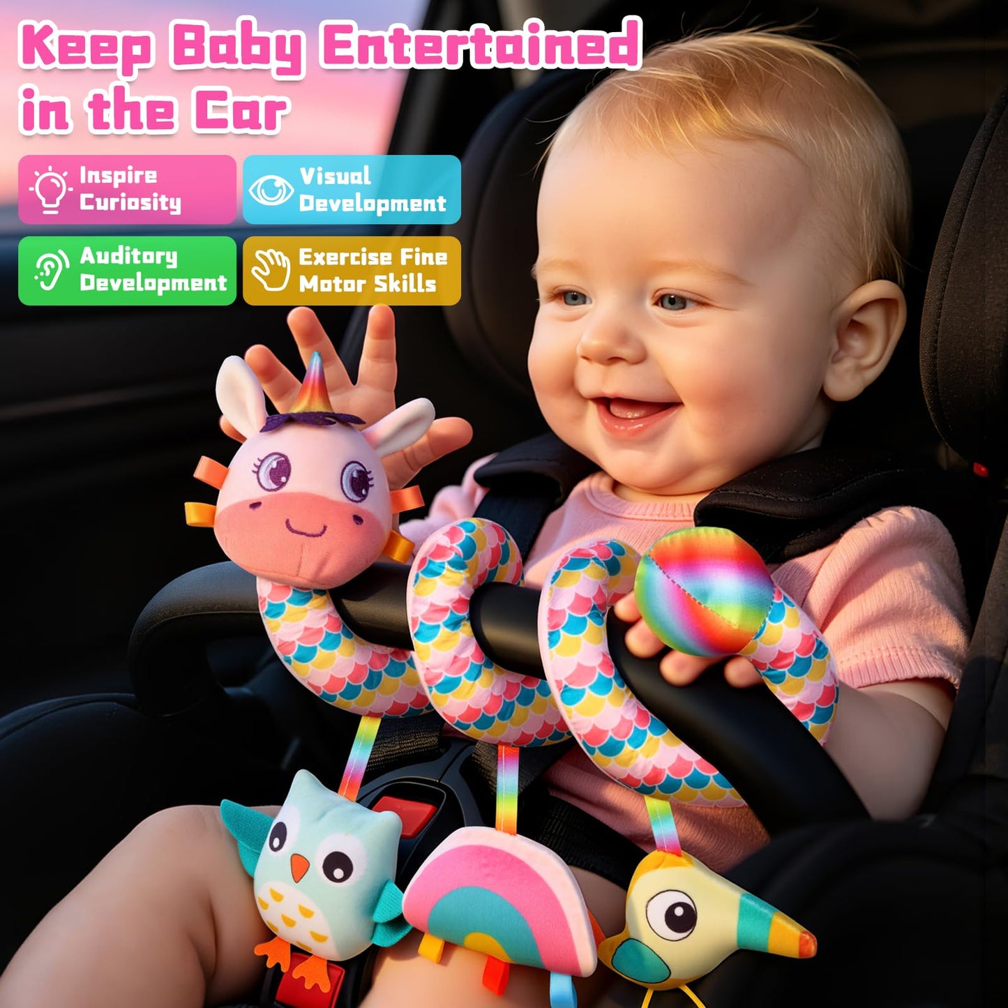 Car Seat Toys for Infants 0-6 months, Spiral Hanging Crib Stroller Activity Toys with Rattles, Baby Car Seat Accessories Toy for Developing Sensory & Motor Skills, Ideal Gift for Newborn Infant
