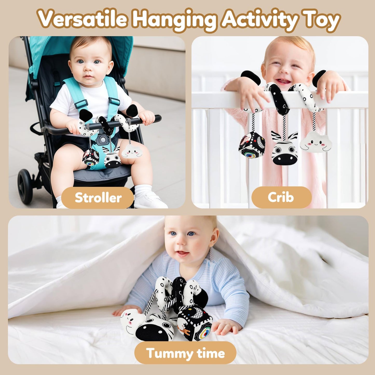GKDOMS Baby Spiral Hanging Stroller and Car Seat Toys Black and White High Contrast Sensory Toy Newborn Plush Activity Toys Party Favors Gifts for Baby Shower -Zebra