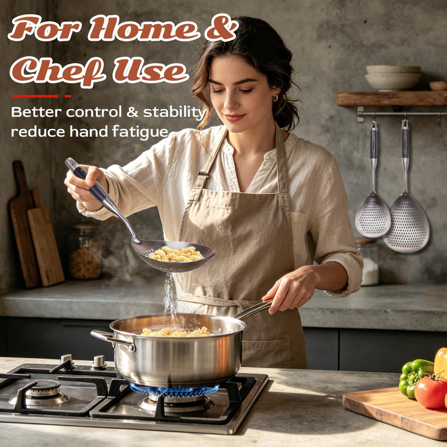Skimmer Slotted Spoon -16.5in 304 Stainless Steel Pasta Spider Strainer Skimmer Ladle Spoon for Cooking and Frying - Kitchen Metal Scoop Colander Strainer Spoon with Heat Resistant Black Wooden Handle