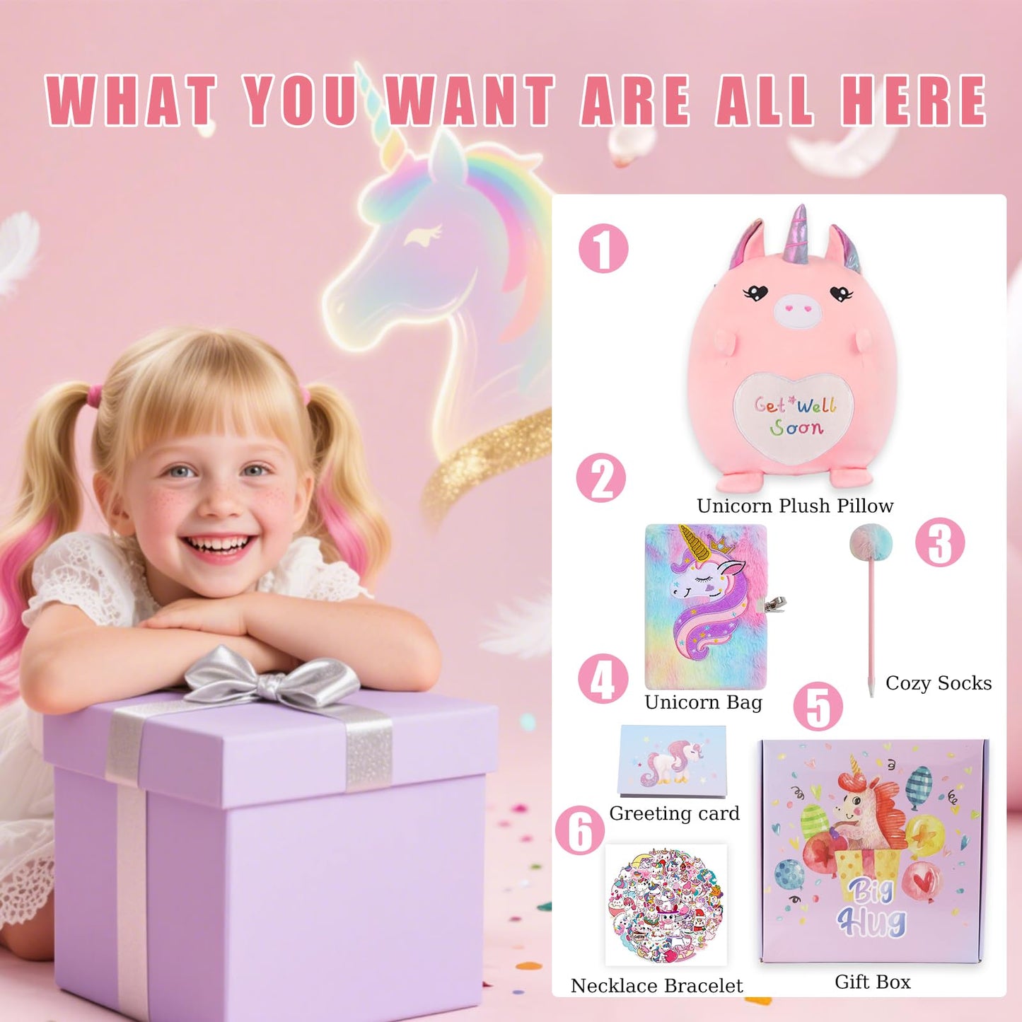 VUYUEN Get Well Soon Gift for Girls, Unicorn Fluffy Diary with Lock & 12'' Get Well Soon Plush Pillow, Feel Better Gifts for Girls, Girls Get Well Baskets, Get Well Gift After Surgery