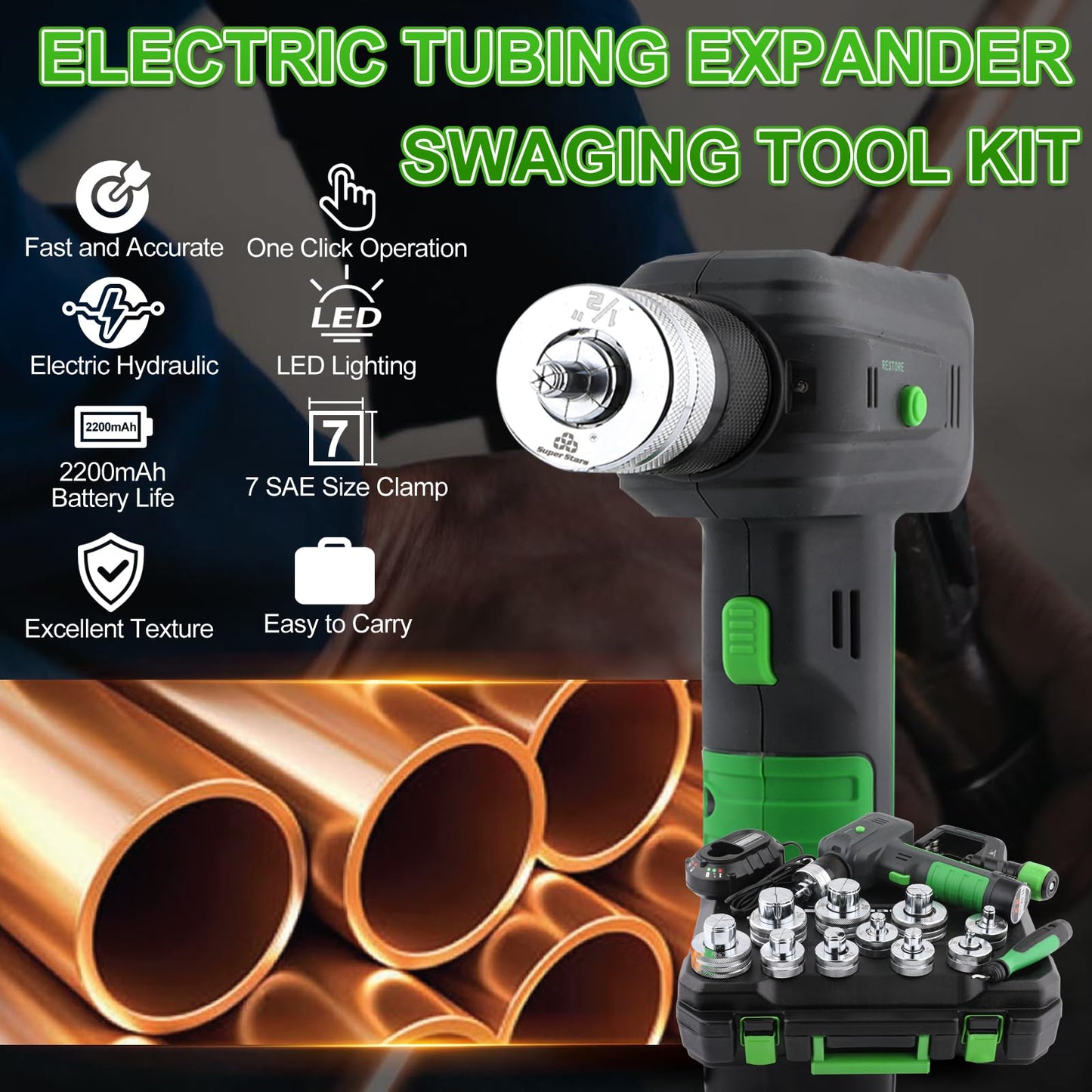 Rogvoc Electric Tubing Expander Swaging Tool Kit, with 2200mAh Powered, 7 Expander Heads for 3/8" to 1-1/8", Power HVAC Expander Tool with Tube Cutter, Deburring Tool for Copper Aluminum Pipes