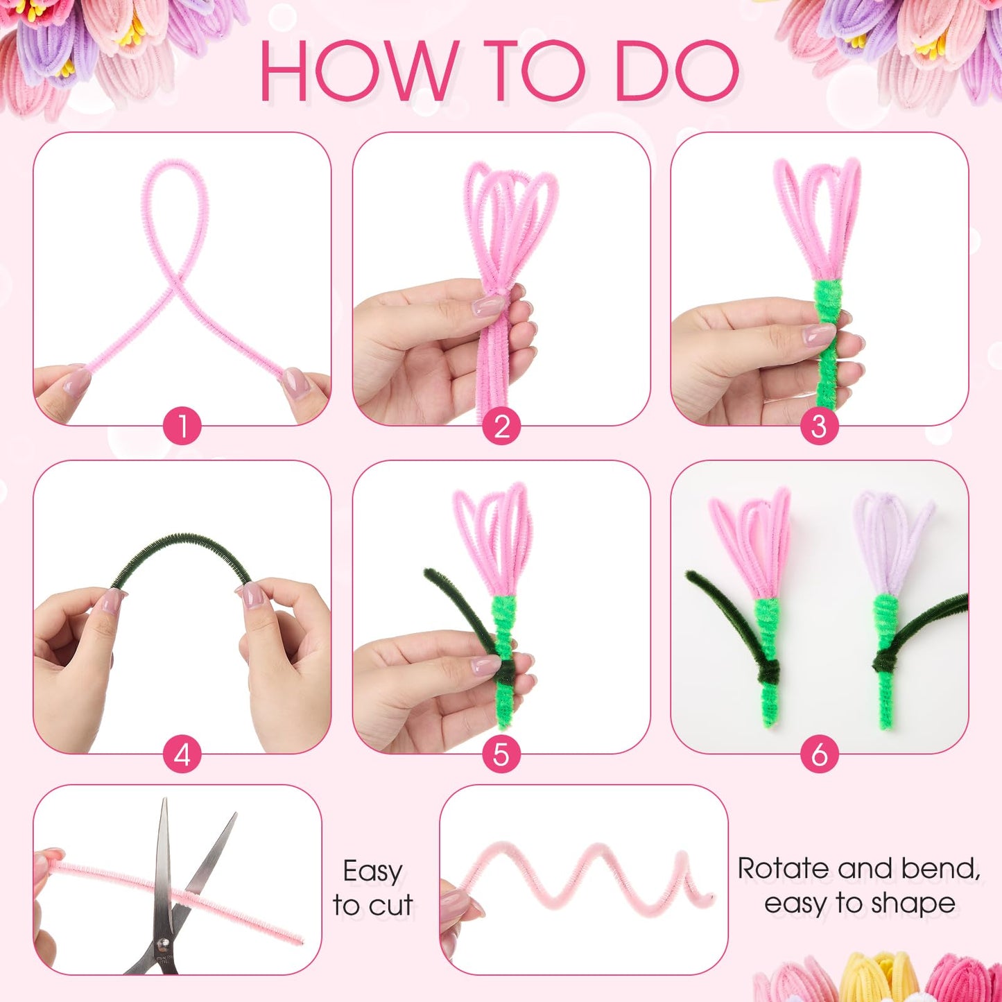 Chicplaid 800 Pcs Pipe Cleaners Craft, Tulip Pipe Cleaners Flowers Kit, 8 Colors Chenille Stems with Floral Wires, Gardening Tape, Stamen, Floral Wrapping Paper & Ribbon for Wedding DIY Craft