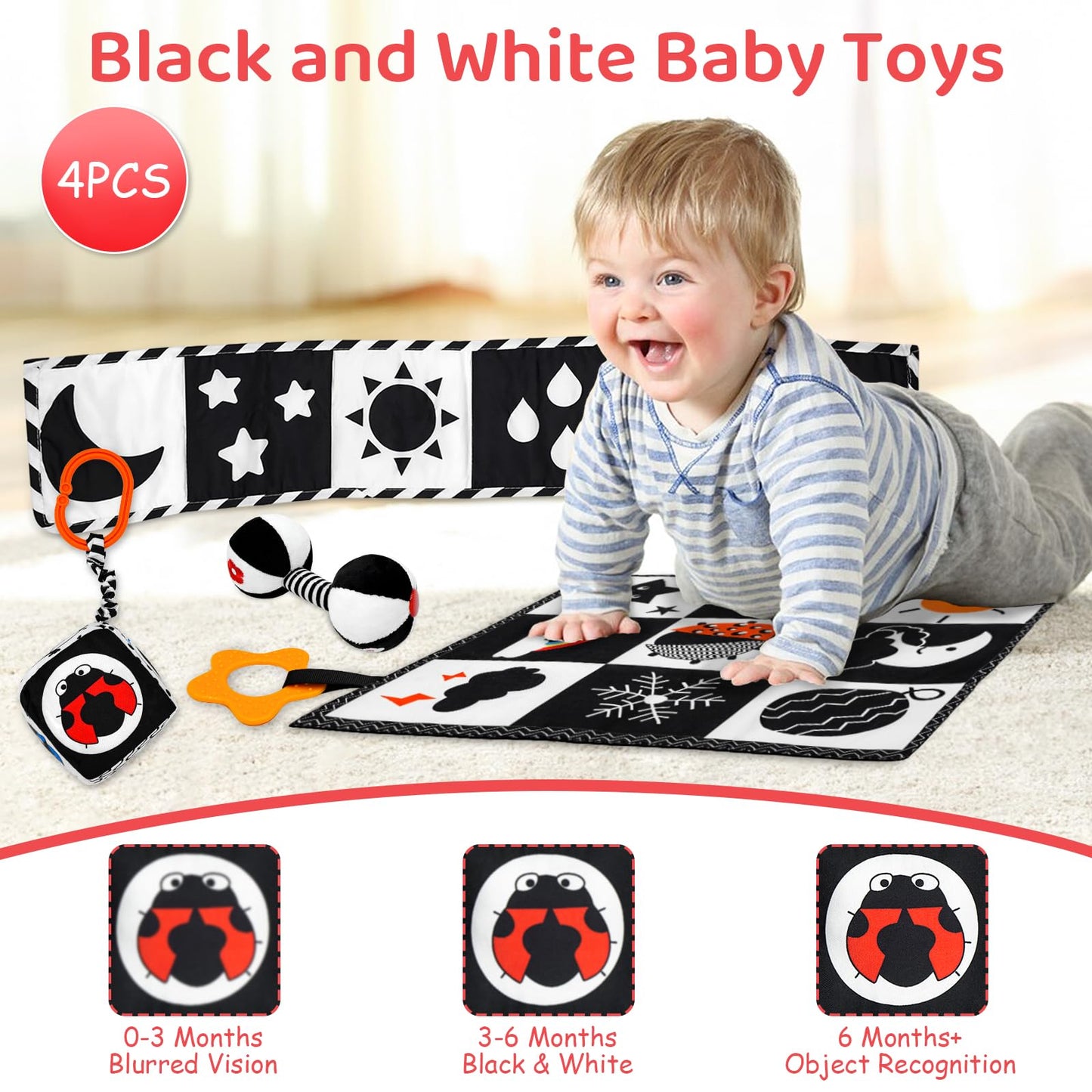 Black and White High Contrast Baby Toys for Newborn, Montessori Toys for Babies 0-6 Months Tummy Time Toys, Infant Newborn Sensory Toy 0-6 Months Soft Book for 0 3 6 6 9 12 Months Boy Girl