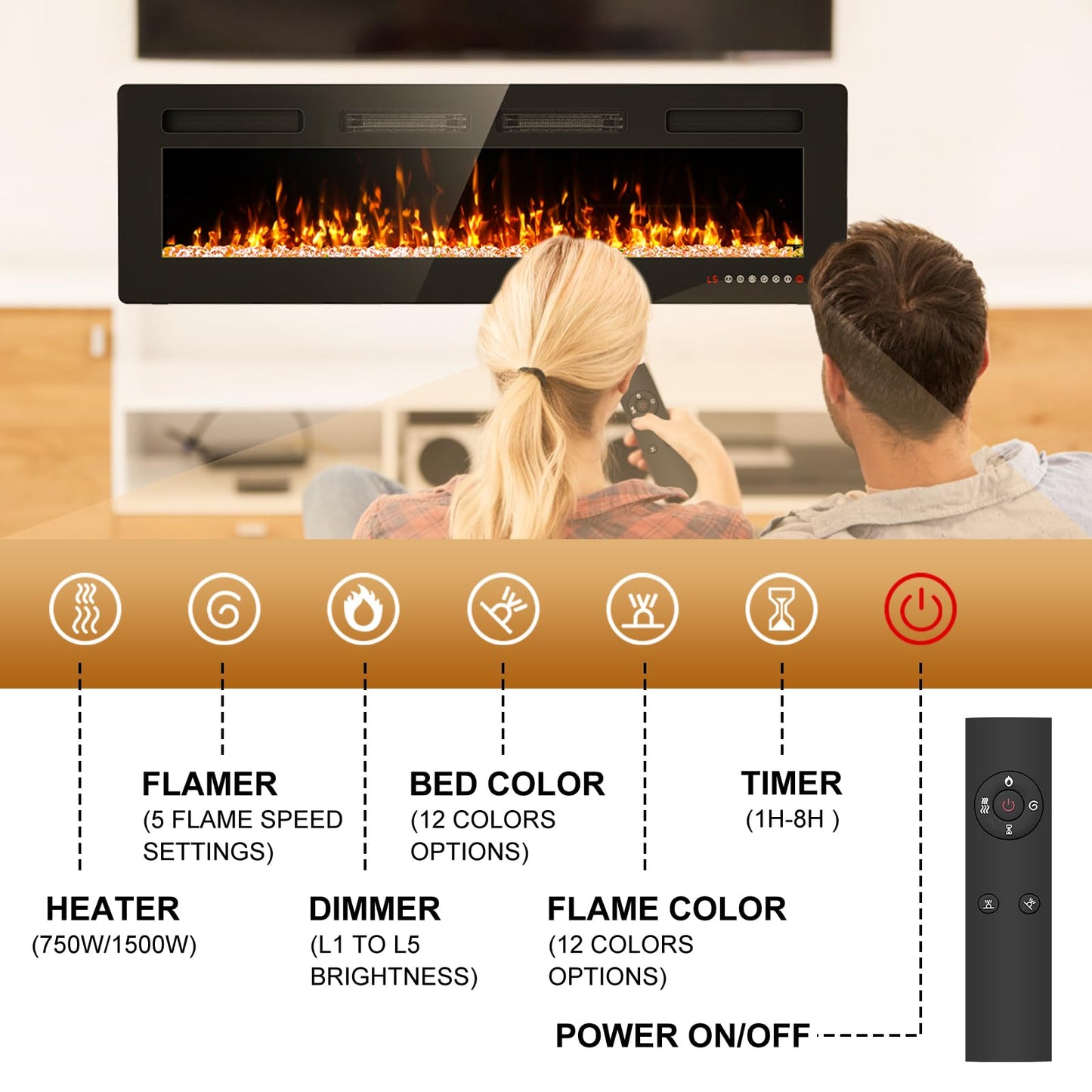 60 inch Electric Fireplace Recessed and Wall Mounted