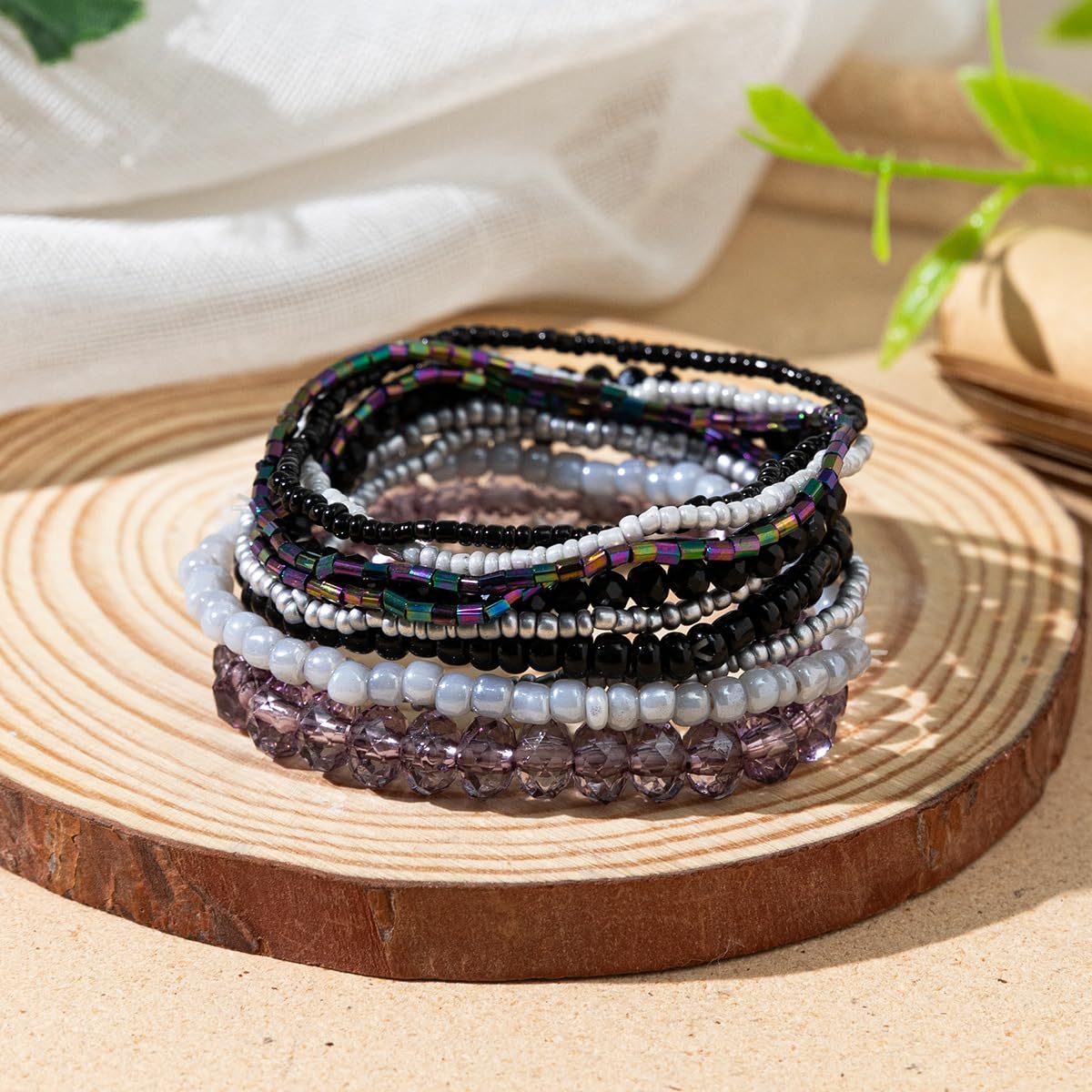 Caiyao Bohemian Multilayer Stackable Seed Beaded Bracelets Colorful Crystal Glass Beads Strand Bangle Bracelet BFF Wristbands Bracelet for Women Summer Beach Hawaii Jewelry Birthday Gifts (Black 2)