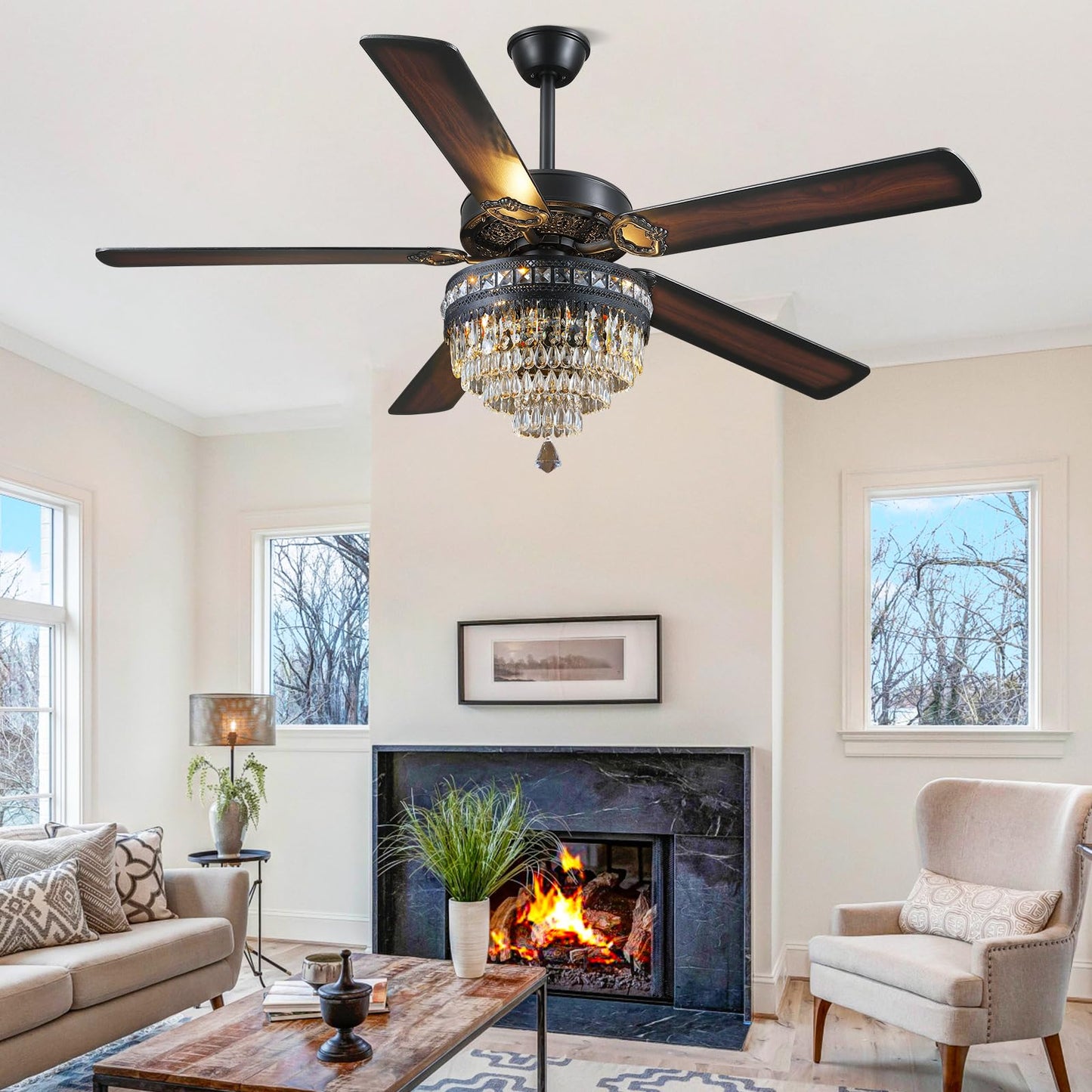 Asyko 62" Crystal Ceiling Fan Fandelier with Lights - Black Modern Crystal Chandelier Fans with Remote Control,Noiseless DC Motor, Retro/Farmhouse Lighting, Dining Room, Living Room
