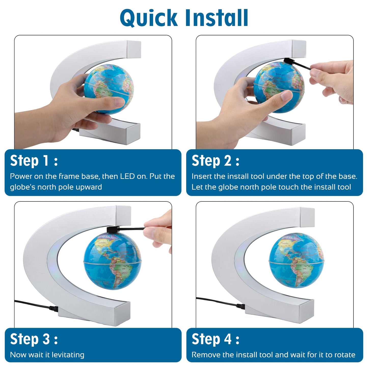 MOKOQI Magnetic Levitating Globe with LED Light, Cool Tech Gift for Men Father Boys and Girls, Birthday Gifts for Kids, Floating Globes World Desk Gadget Decor in Office Home Display (Silver)