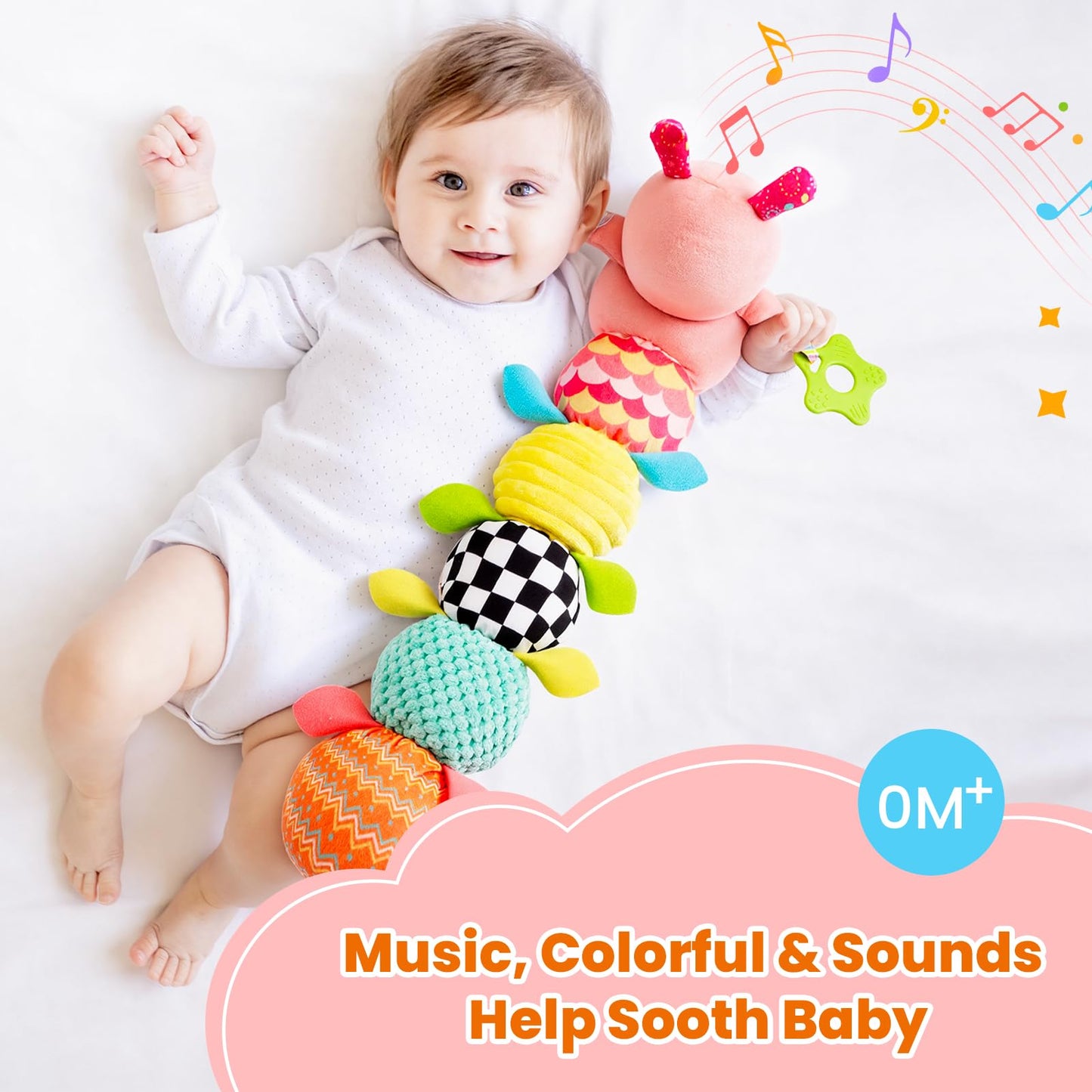 Baby Toys 0-6 Months, Washable Baby Musical Caterpillar Toys with 10 Children's Songs,Rattles,Teething Toys,Suitable for 0-6, 6-12 Months Infant Tummy Time Toy,Newborn Baby Boy&Gril Gifts(Light Pink)