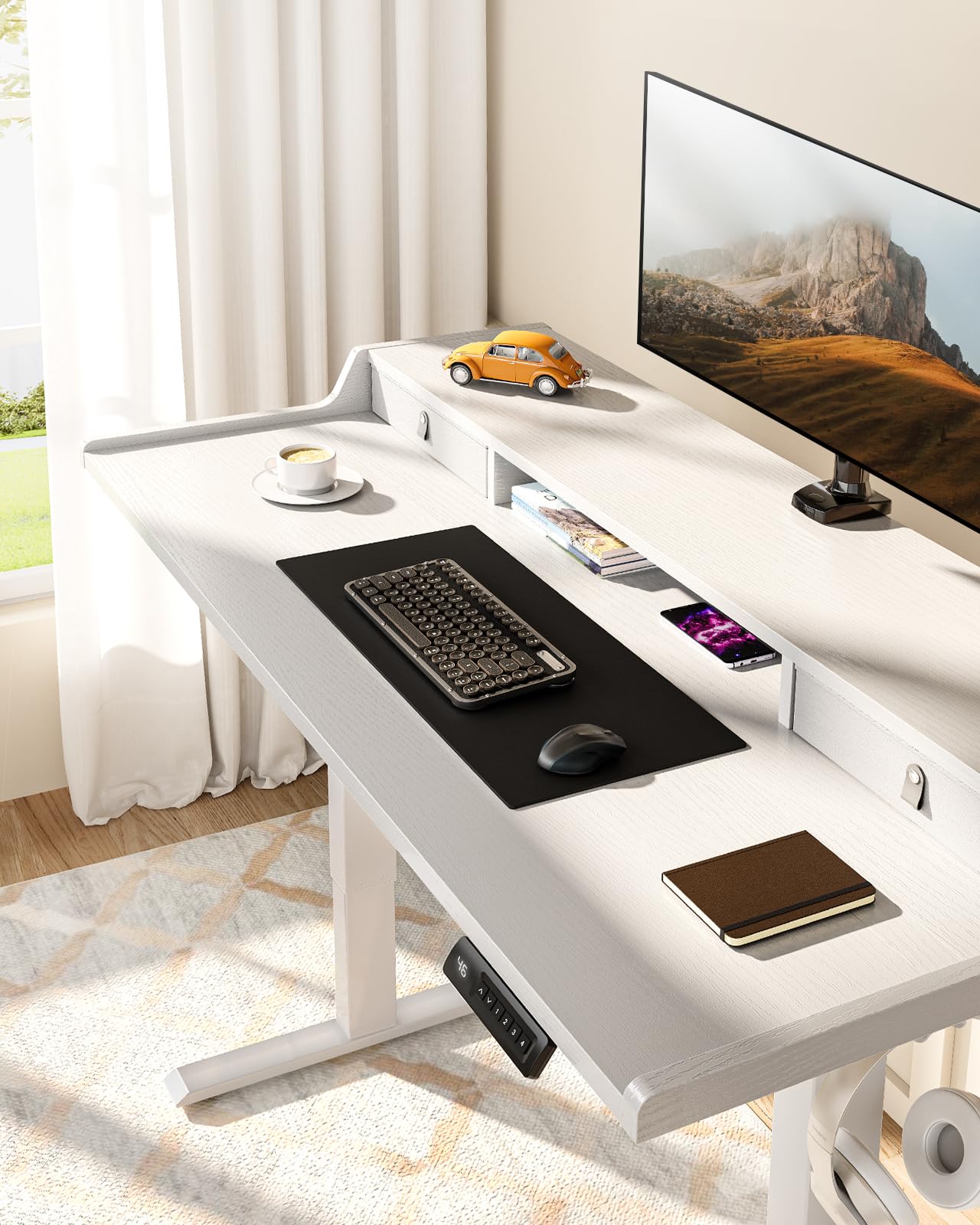 ErGear Electric Standing Desk with Drawers, 48″ x 24″ Gaming Table Compatible Monitor Stand, Stand up Desks, Home Office Height-Adjustable Desk with Storage Shelf, 4 Preset Heights, White