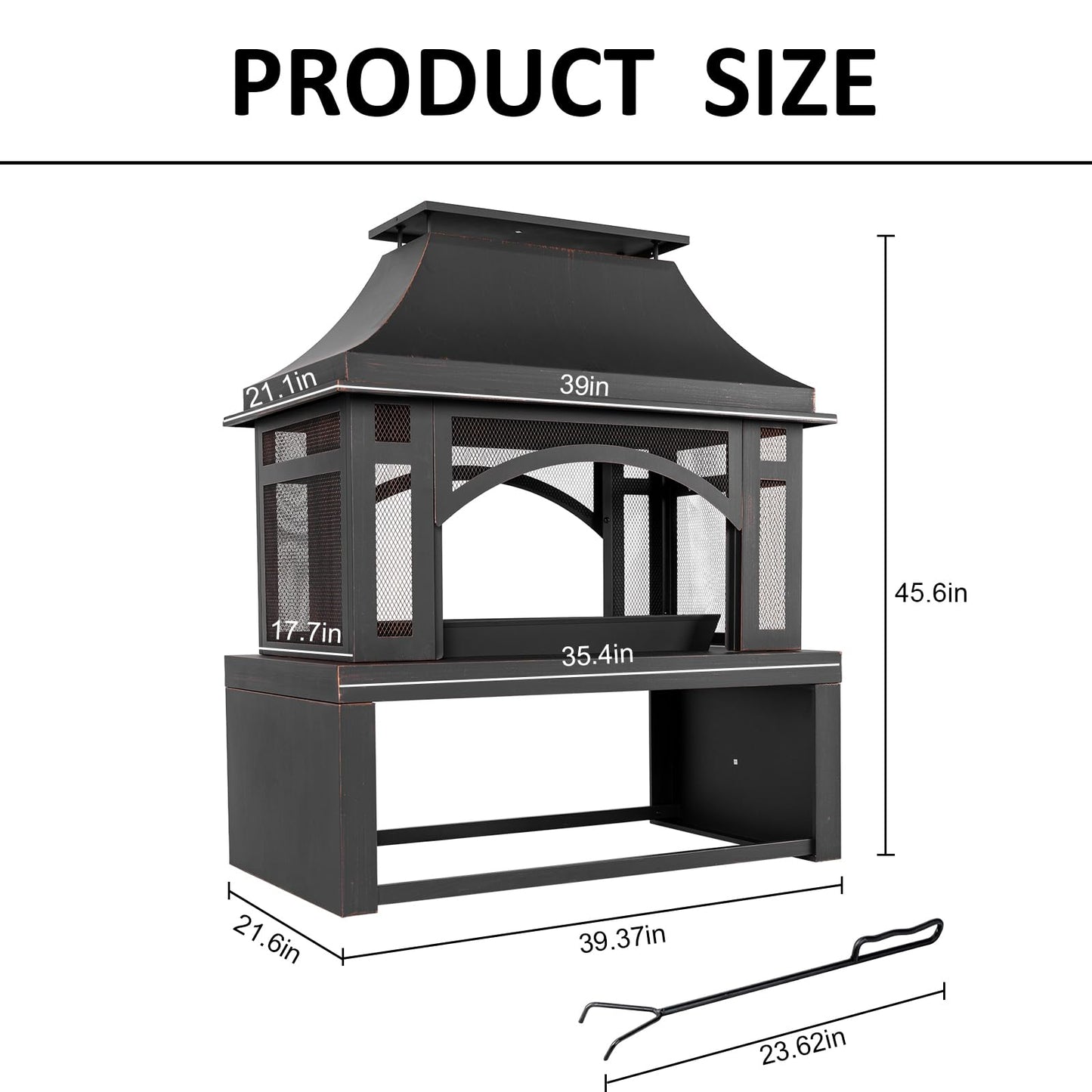 39" Fire Pits with Wood Storage for Outside, Large Wood Burning Outdoor Fireplace with Chimney, Mesh Spark Screen & Fire Poker, Idea for Backyard, Patio, Party, Camping, Picnic