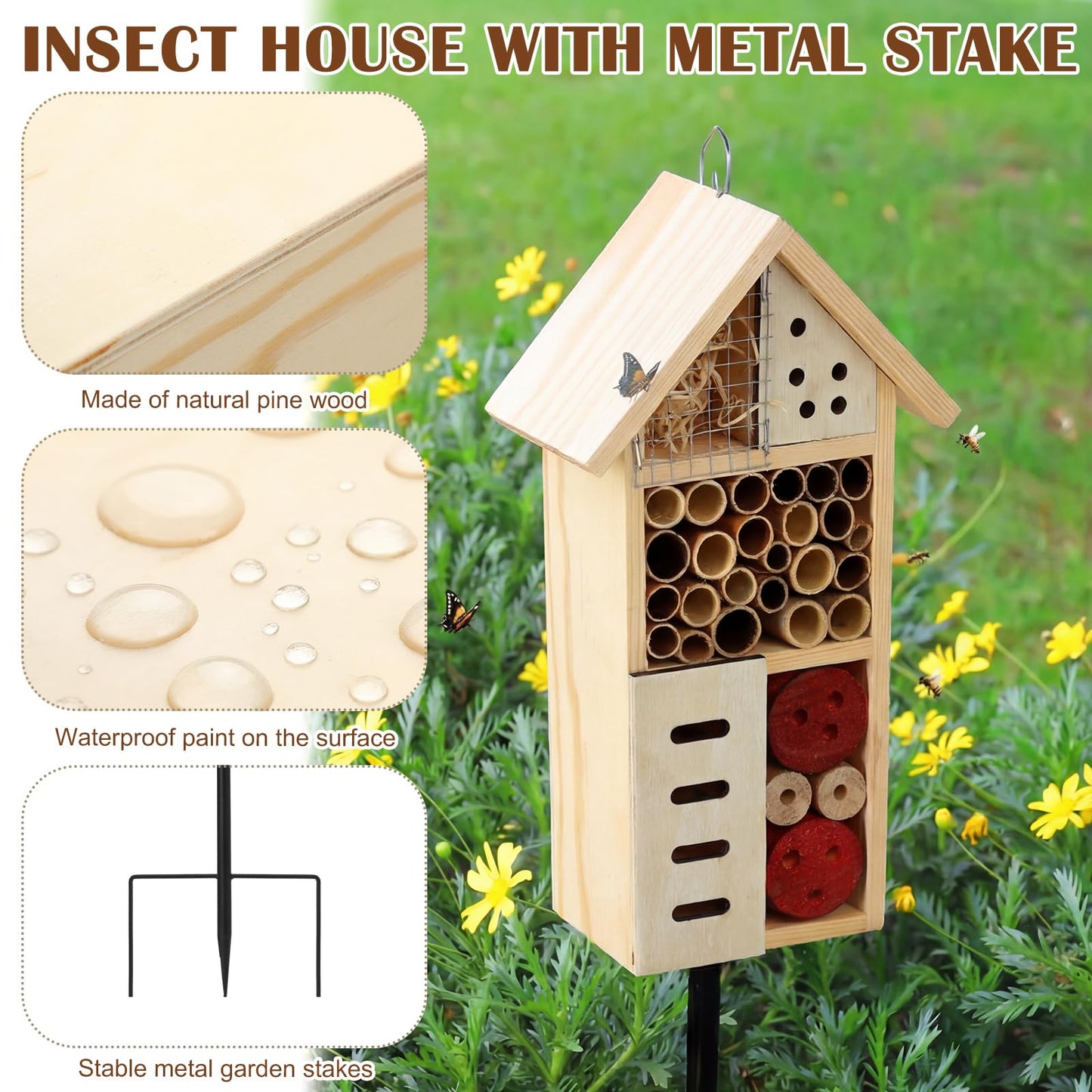 Novabright Wooden Insect House with Metal Stake Insect Hotel Bee House Natural Bug Habitat for Bee Butterfly Ladybirds Beneficial Bug Outdoor Garden Backyard