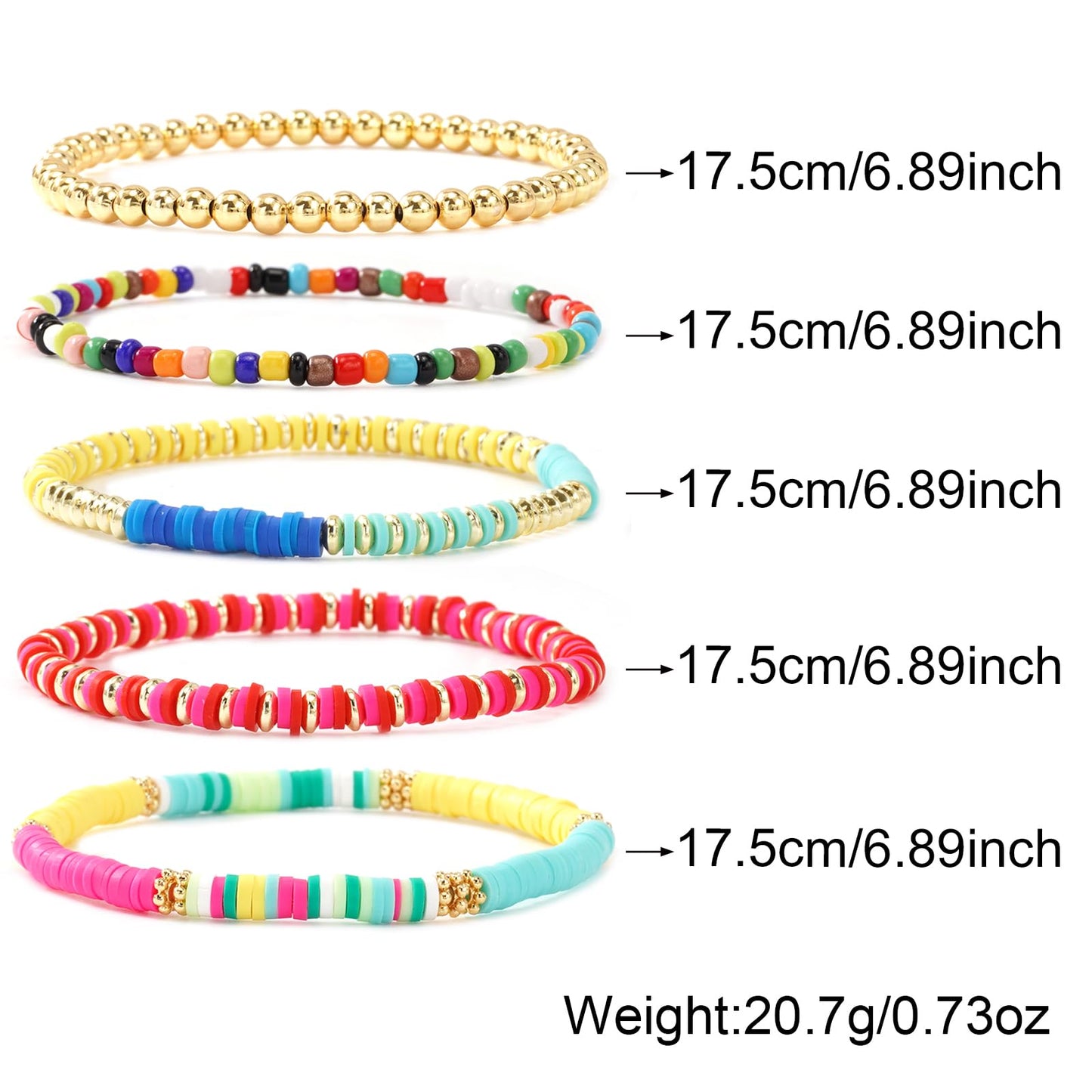 Bohxantium Gold Beaded Friendship Bracelets Stack for Women Boho Colorful Heishi Clay 14K Gold Plated Beads Ball Stackable Stretch Surfer Preppy Bracelet Jewelry Birthday Christmas Gifts for Women