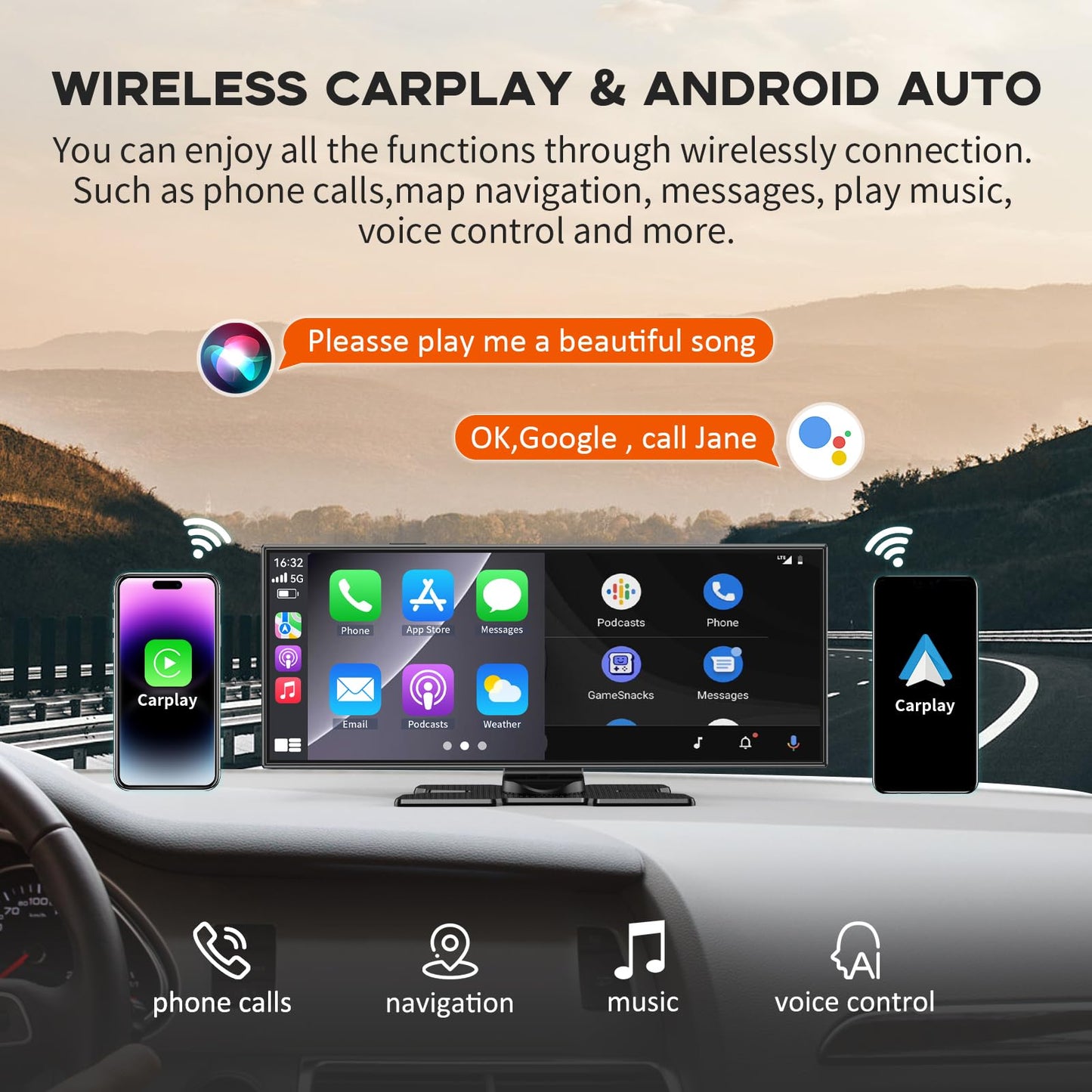 Largest 11.5" Portable Apple Carplay Screen for Car, 4K Wireless Car Play & Android Auto, Upgrade Touchscreen with Dash Cam, App Control/Loop Recording/Backup Camera/Mirror Link/GPS/FM