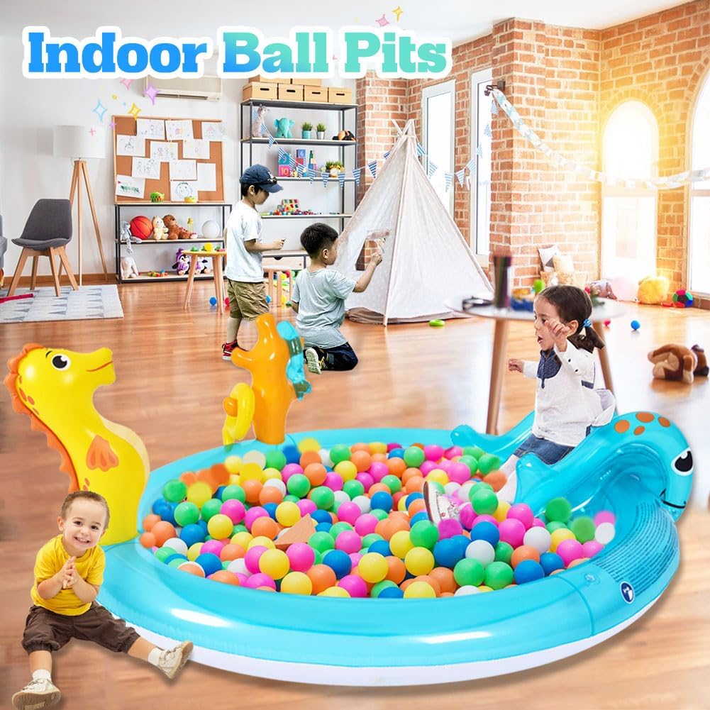 Sea Animal Inflatable Kids Pool with Slide and Sprinkler, Inflatable Play Center with Rings & Animal Figures, 78"x59.5"x15.5" Kiddie Pool for Summer Outdoor Backyard