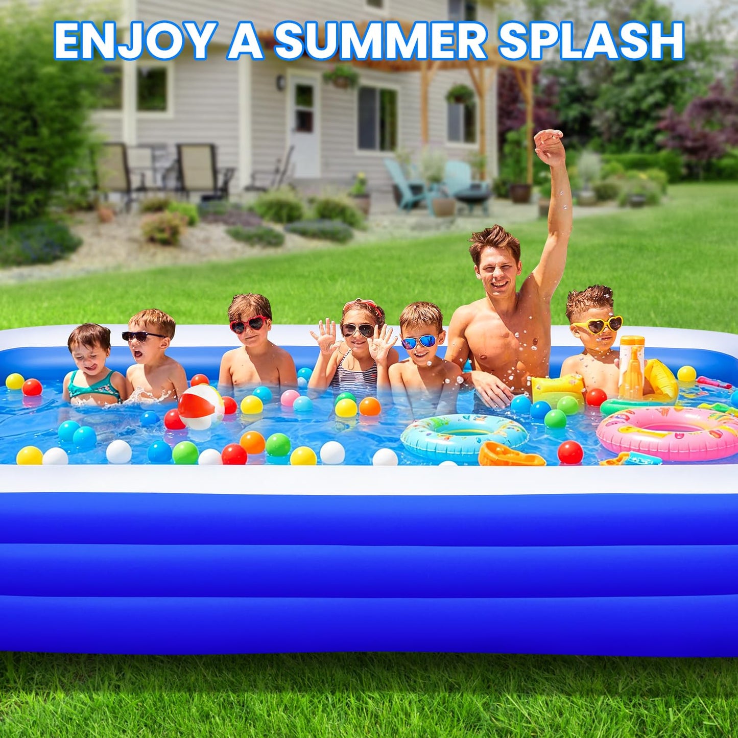 Oversized Inflatable Pool for Adults, 145" x 74" x 22" Extra Large Blow Up Family Swimming Pool, Durable Thickened Above Ground Pool for Backyard, Outdoor, Garden, Summer Water Party