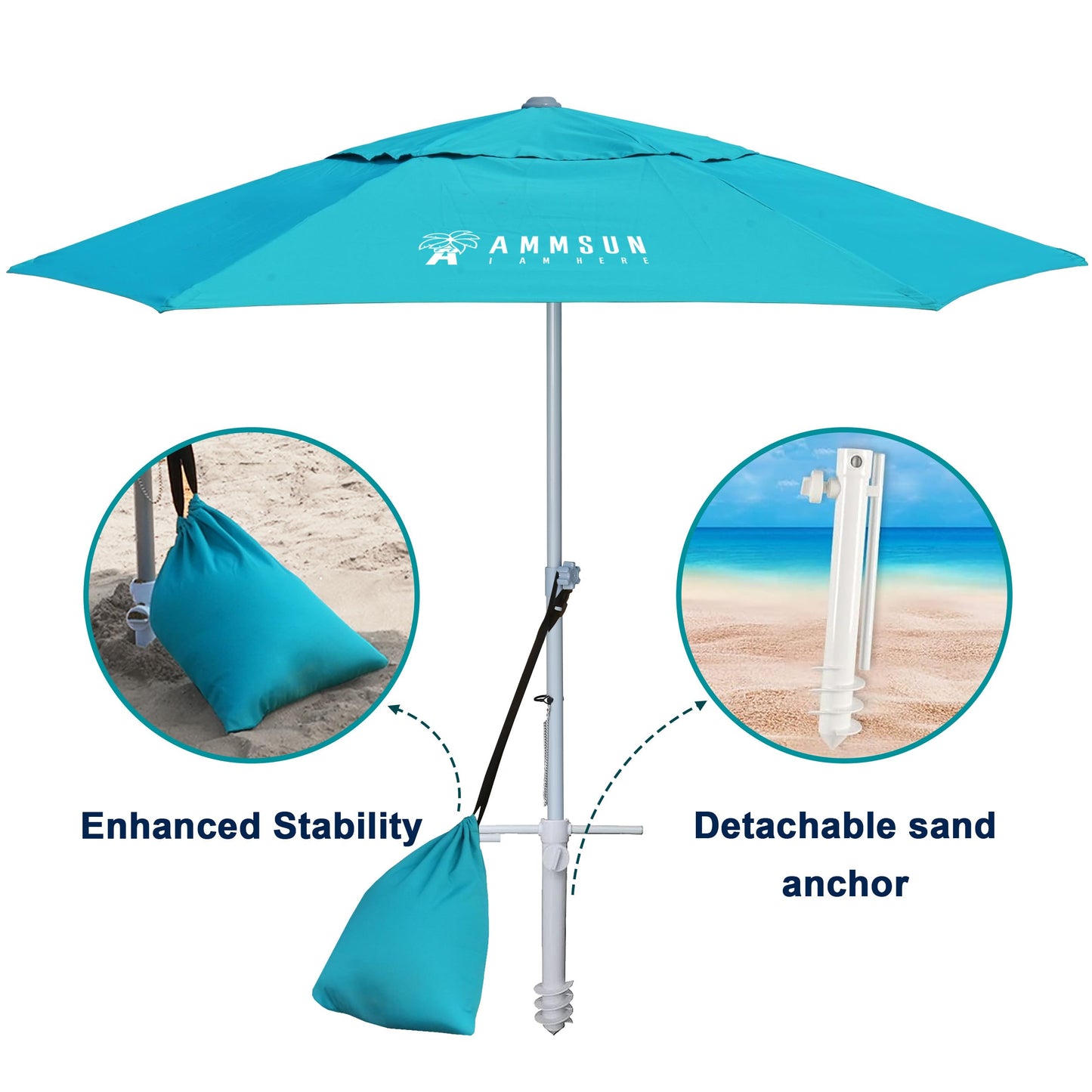 AMMSUN 8ft Large Beach Umbrellas for Sand Heavy Huty Wind Portable Commercial Grade Patio Beach Umbrella with Sand Anchor Adjustable Height Air Vent UPF 50+ Telescoping Pole without tilt Teal