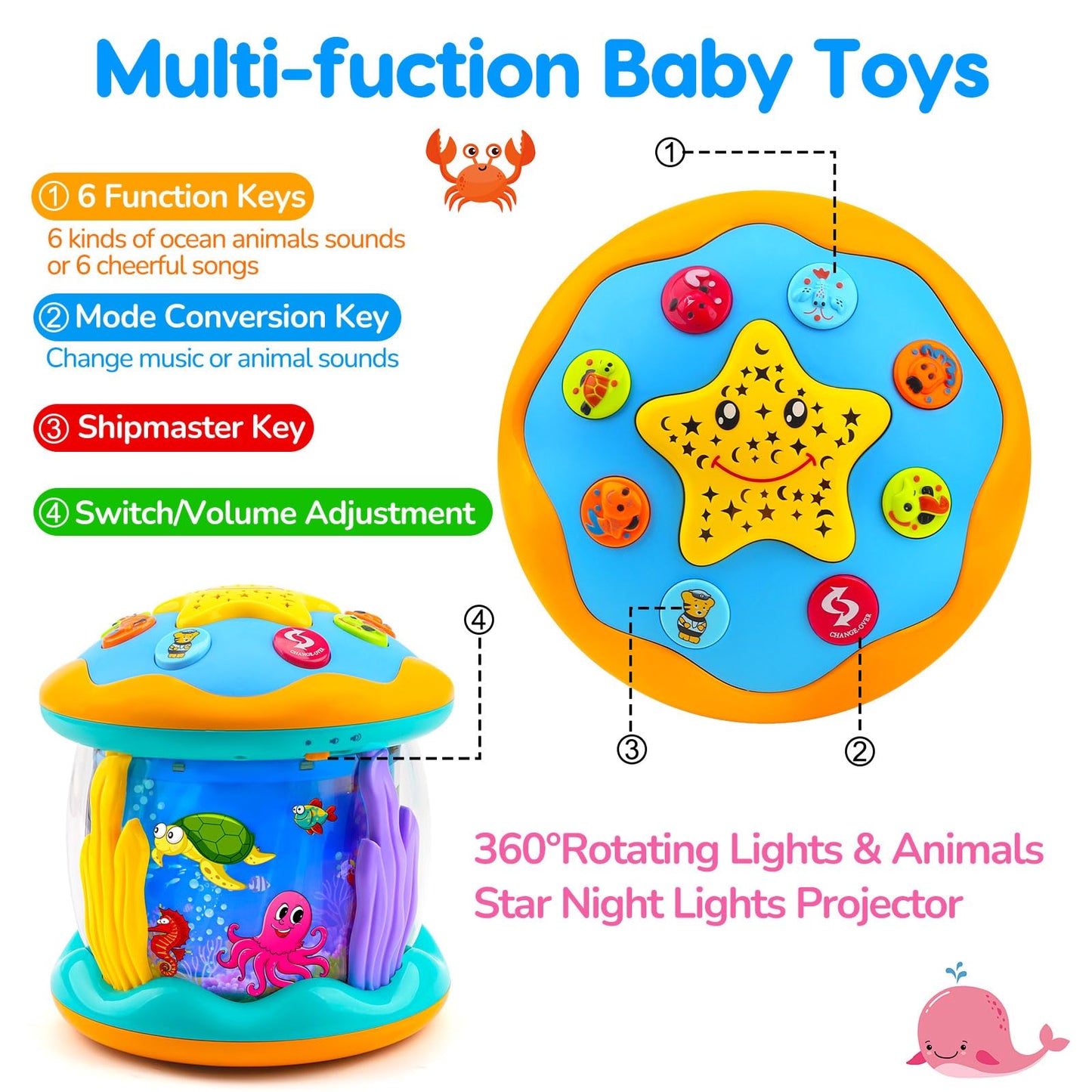 Baby Toys 6-12 Months Ocean Projector Rotating Musical Light Up Tummy Time Toys for Infant 0-6 3-6 Months Baby Aquarium Crawling Toys 4 5 6 7 8 9 12-18 Months Boy Girl 1 Year Old Birthday Shower Gifts