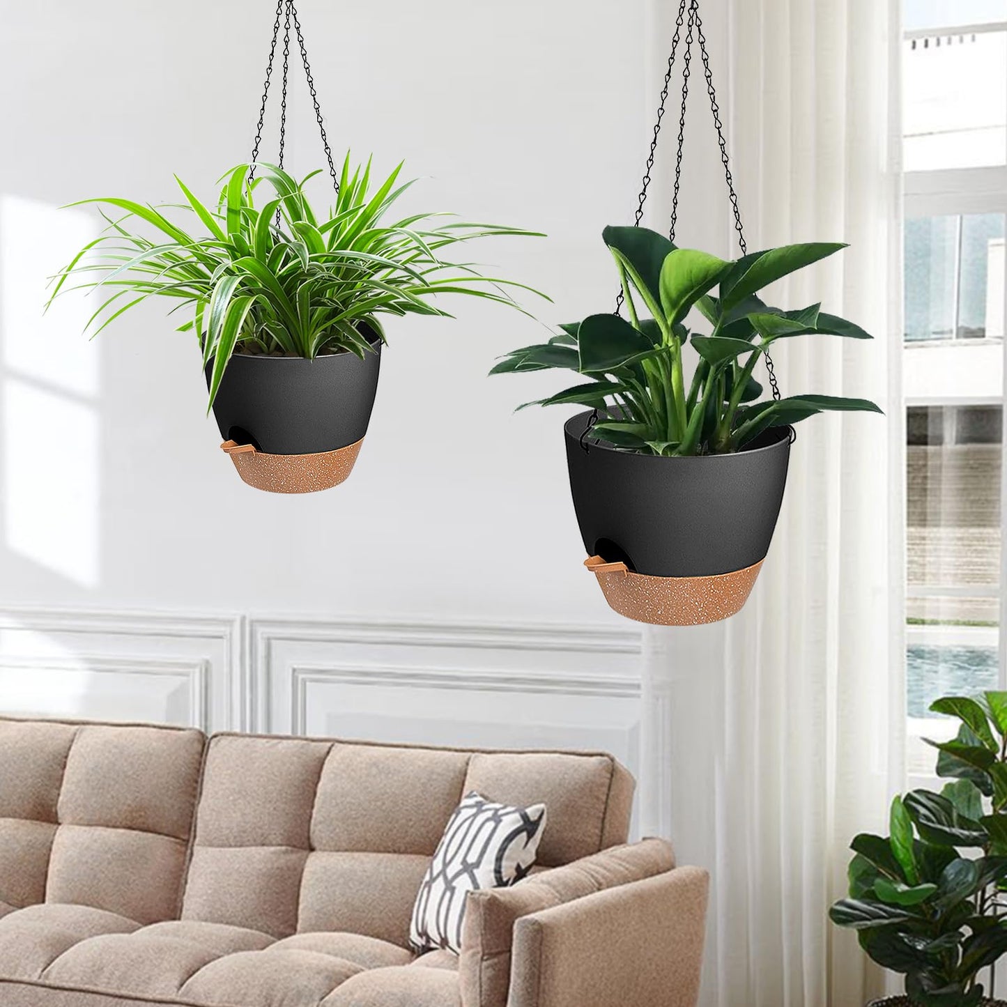 Lucieblessdesign 3 Pack Hanging Planter Indoor Outdoor Flower Pots 7/6.5/5 Inch, Self-Watering Hanging Pot with Drainage Holes Hanging Baskets Holder Plant Pots for Garden (Black)
