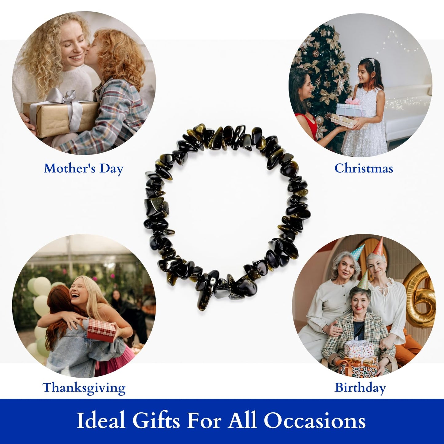 Herxion Gold Black Obsidian Bracelet Men & Women - Irregular Chips Black Natural Genuine Gemstone Raw Healing Crystal Elastic Bead Stretch Bracelet - Protective Energy, Emotional Balance & Wealthy