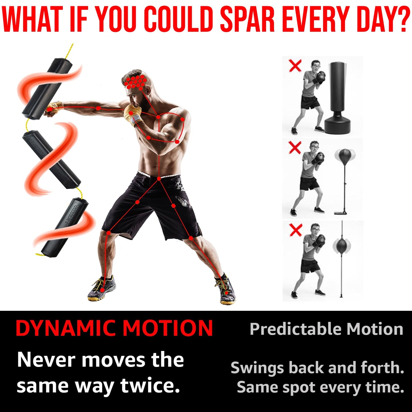 Jukestirยฎ Only Punching Bag with Dynamic Motion. Better Footwork Than Double End Bag, Speed Bag. More Agility Than Heavy Bag. Boxing MMA Equipment. Great Workout for Adult or Teen. Used by Pros.