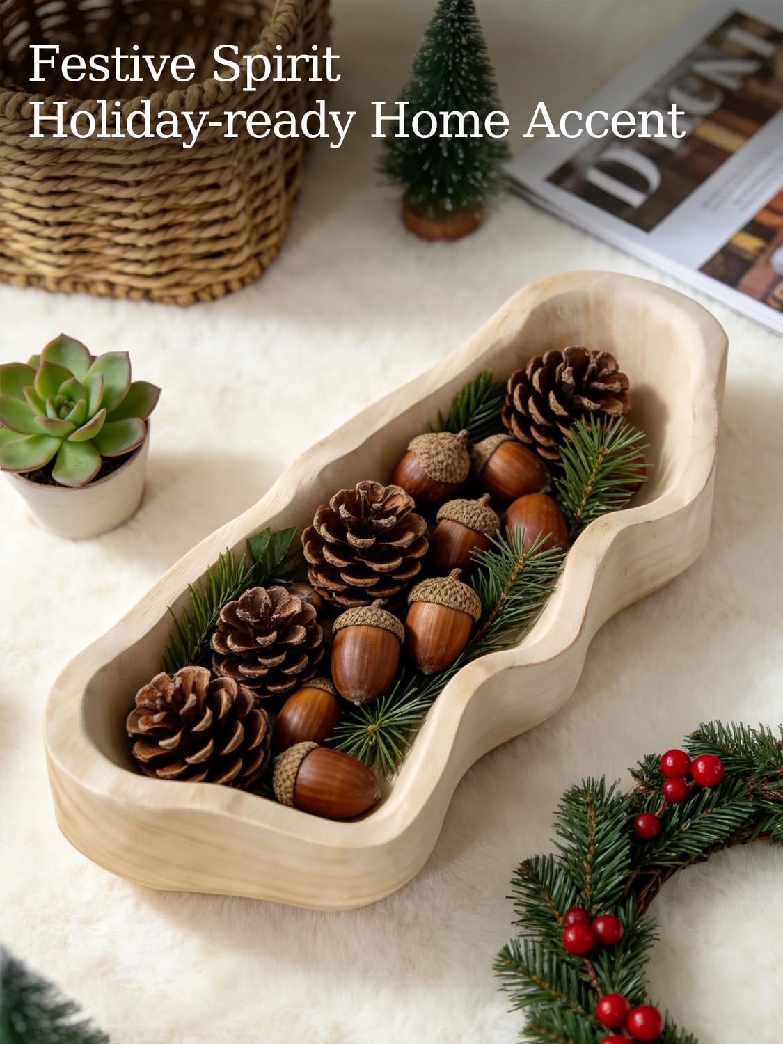 Duseu Large Decorative Bowl 16 Inch, Wooden Dough Bowl, Decorative Wooden Bowl Wavy Live Edge, Rustic Dough Bowls for Decor DIY, Wood Bowls Decorative, Coffee Table Bowl Centerpiece (White)