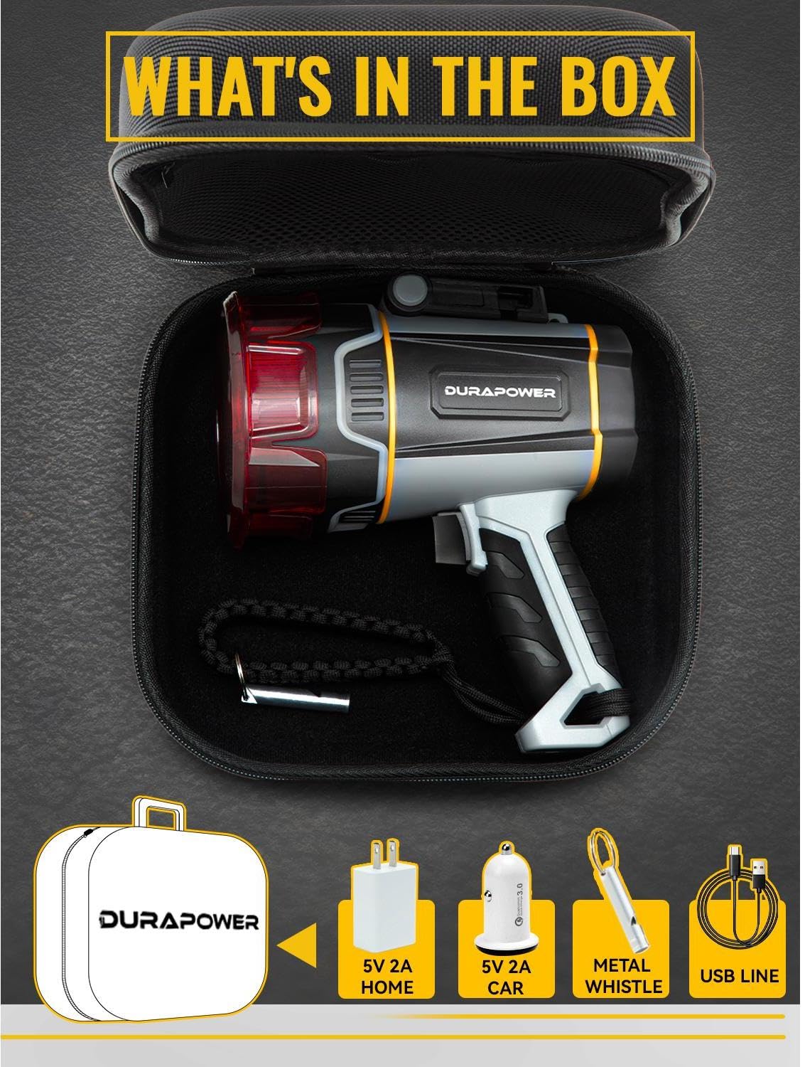 Durapower Rechargeable Spotlight with High Lumen, IP67 Waterproof Spotlight Flashlight, Long Lasting Portable Handheld Spot Light for Marine Boat Hunting