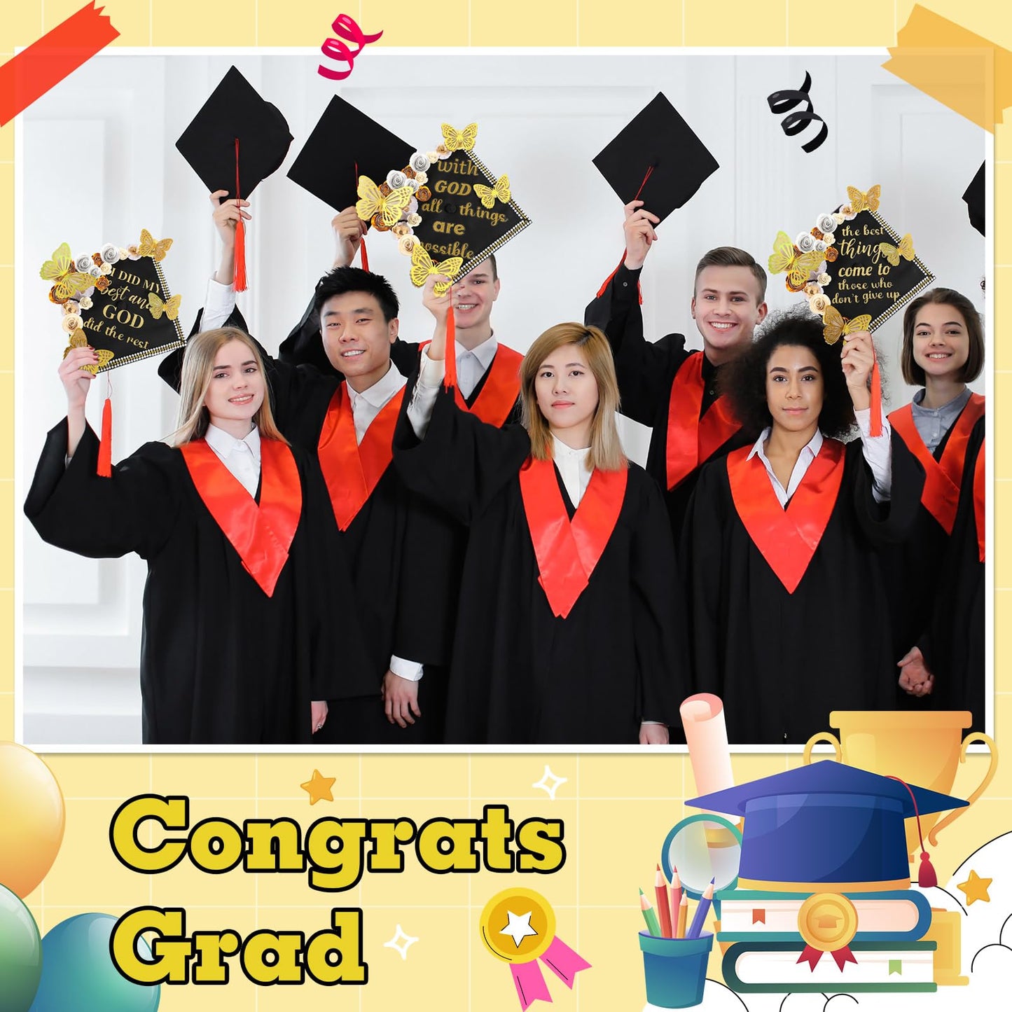 Feifeiya 44 Pcs DIY Graduation Cap Decoration Accessory Kit Faux Paper Flower Head Graduation Quote Glitter Sticker 3D Butterfly Pearl Rhinestone Sticker for Grad Cap Topper Gift(Gold)