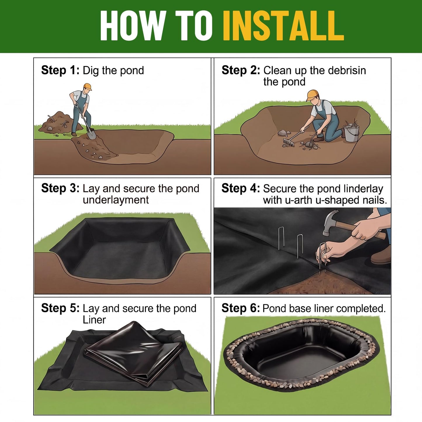 Fanfanwin 20 x 25 ft Pond Liner Underlayment 6oz Heavy Duty Black Non Woven Geotextile Underlayment Fabric with 10 U-pins for Outdoor Pond Streams Fountains Garden Waterfalls Fishpond Weed Barrier