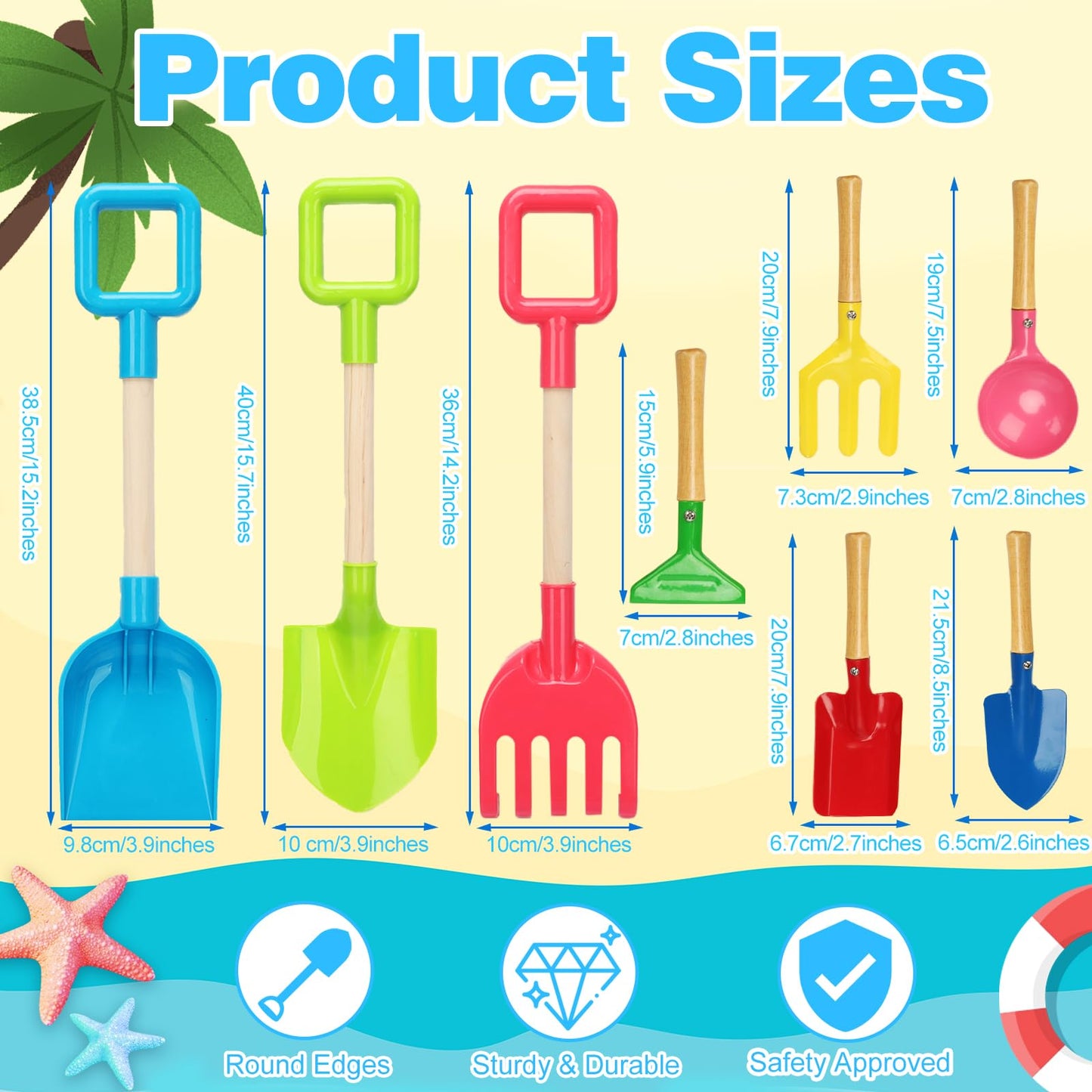 8 Pack Beach Sand Toy 16 Inch Long Beach Shovel Spade Sand Rake with Sturdy Wooden Handle Kid Garden Tools Spoon, Fork, Rake, Spade, Pointed Shovel Kids Gardening Set for Digging Dirt Snowing Planting