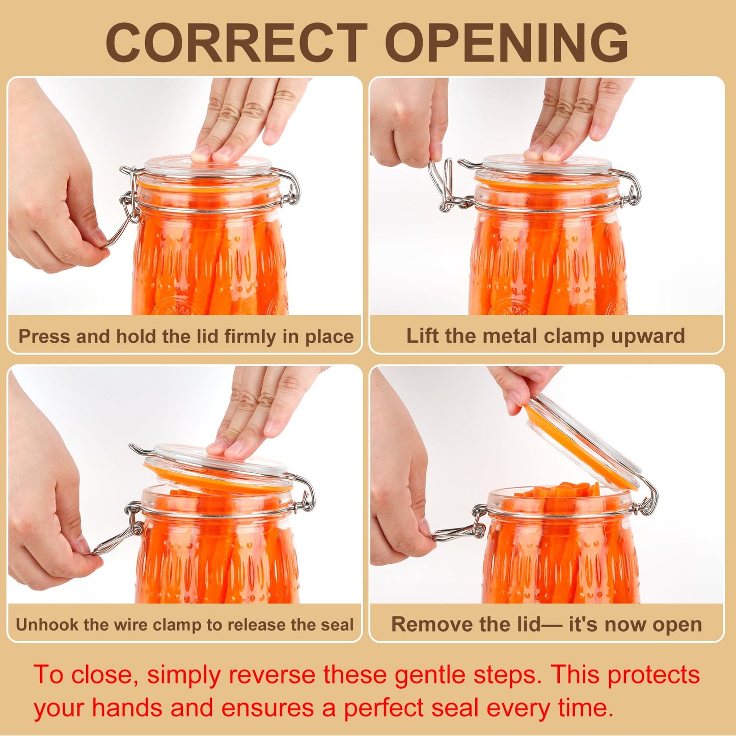 HAYHOI 32oz Mason Jars with Airtight Lids, 6 Pack Wide Mouth Canning Jars with Clamp Lid, Quart Glass Canisters for Kitchen Storage, Pickling, Coffee, Cereal, Sugar, Flour, Beans
