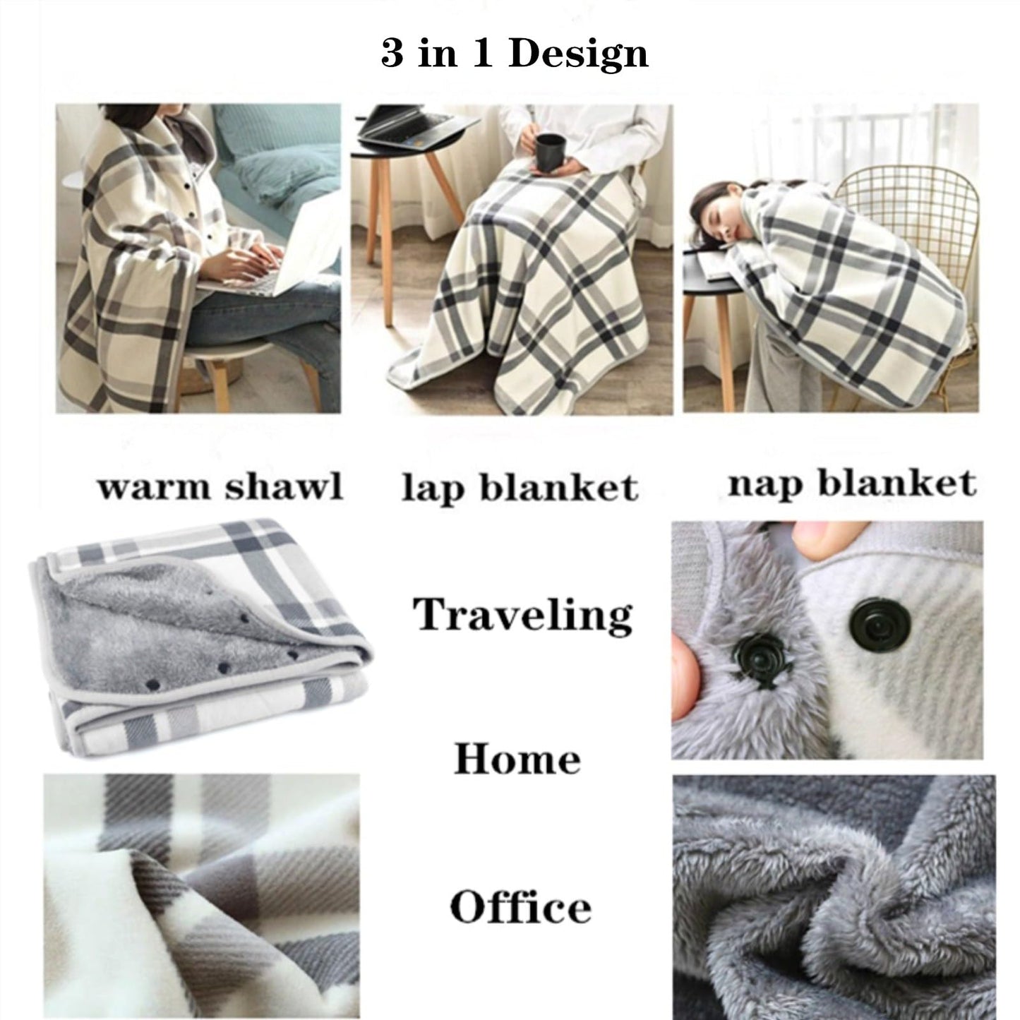 Dkieuyu Fleece Wearable Blanket,Comfy Warm Wrap Shawl Poncho Throw with Buttons,Office Chair Lap Desk Blankets Cape Cover for Sofa Bed Travel Camping,Birthday Gift for Elderly Grandma