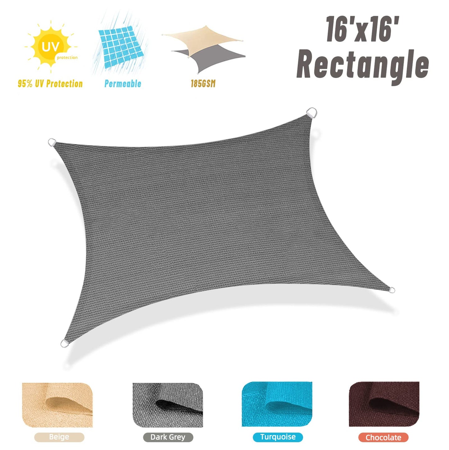 COOLBOYS 16'x 20' Sun Shade Sail Dark Grey Rectangle UV Block Outdoor Shade Canopy Sunshade for Patio Lawn Garden Carport Backyard Deck Pergola