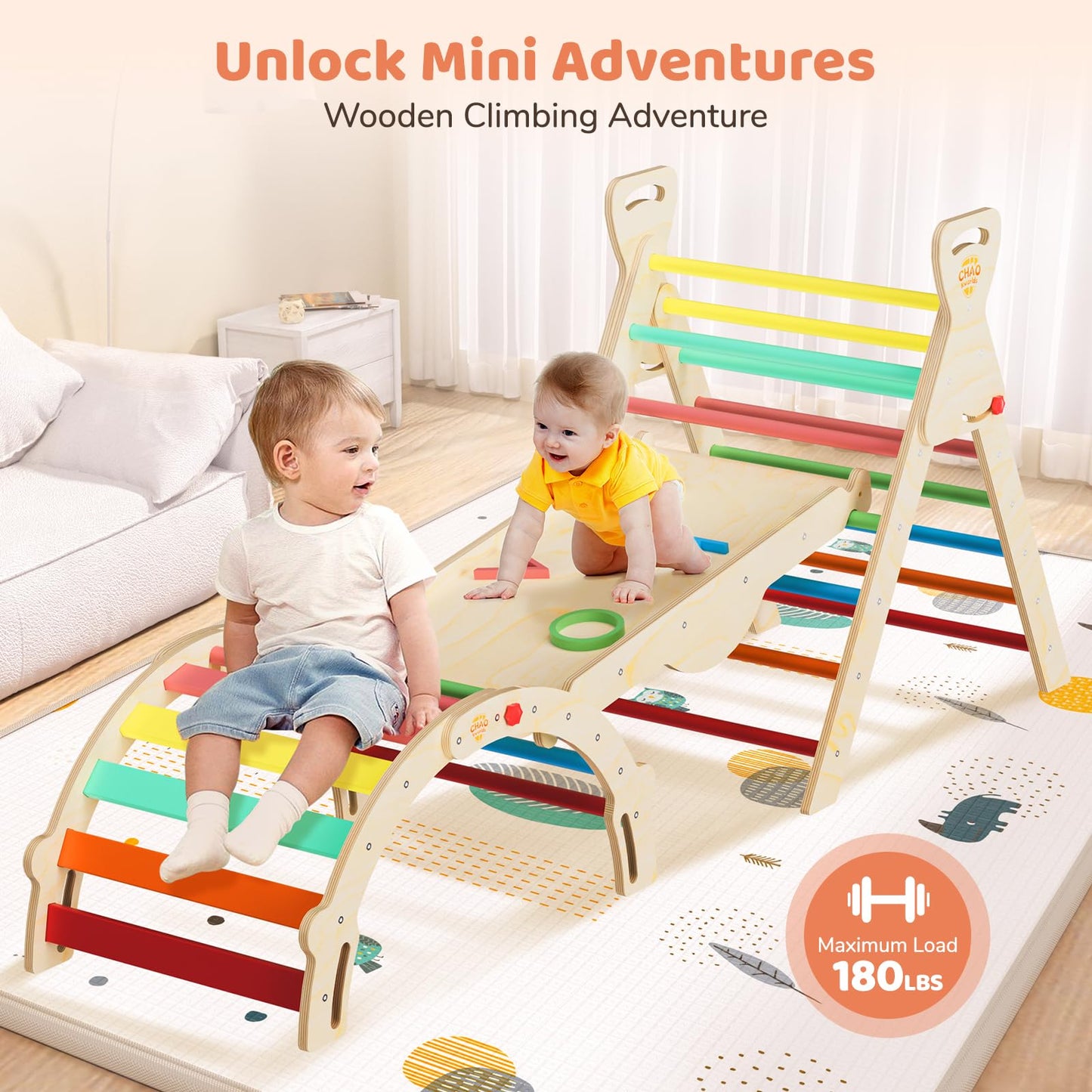 CHAO KWORLDS Pikler Triangle Set Foldable, Montessori Climbing Toys for Toddlers 1-3, Wooden Indoor Jungle Gym, 8-in-1 Toddler Climber with Slide & Arch, Space Saving Indoor Playground