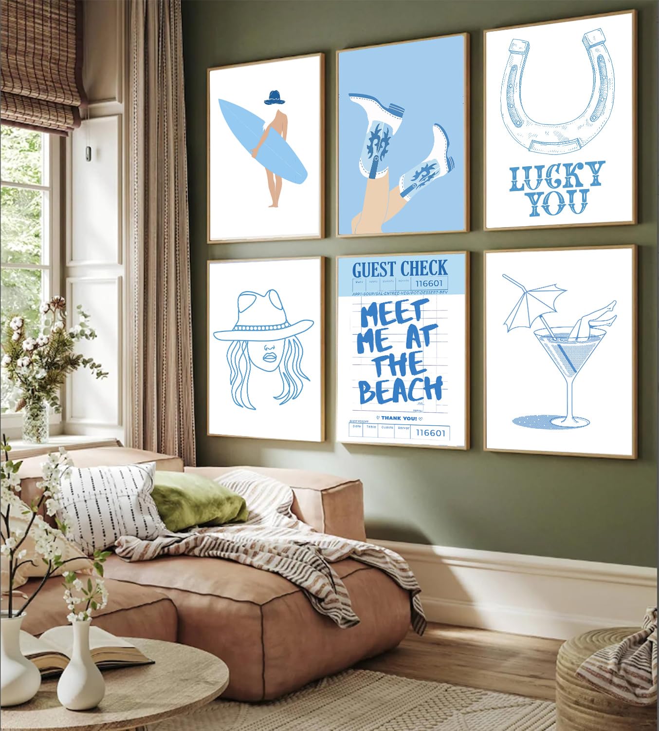 lkjhgf999 6Pcs Coastal Cowgirl Wall Art Surfer Girl Canvas Posters Blue beachy wall decor Cowgirl Room Decor Preppy Aesthetic Pictures Prints for Teen Girl Dorm Apartment Decoration 12x16in