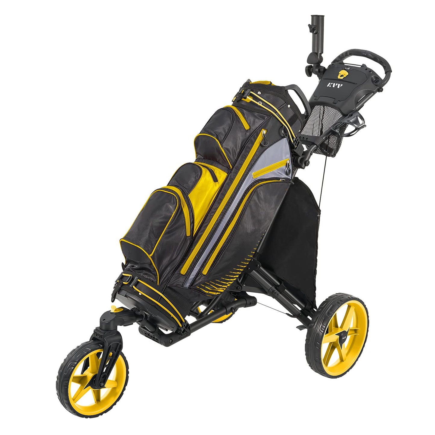 KVV 3 Wheel 360 Rotating Front Wheel Foldable/Collapsible Golf Push Cart with Foot Brake Open and Close in ONE Second-Free Umbrella Holder Included(Charcoal/Yellow)